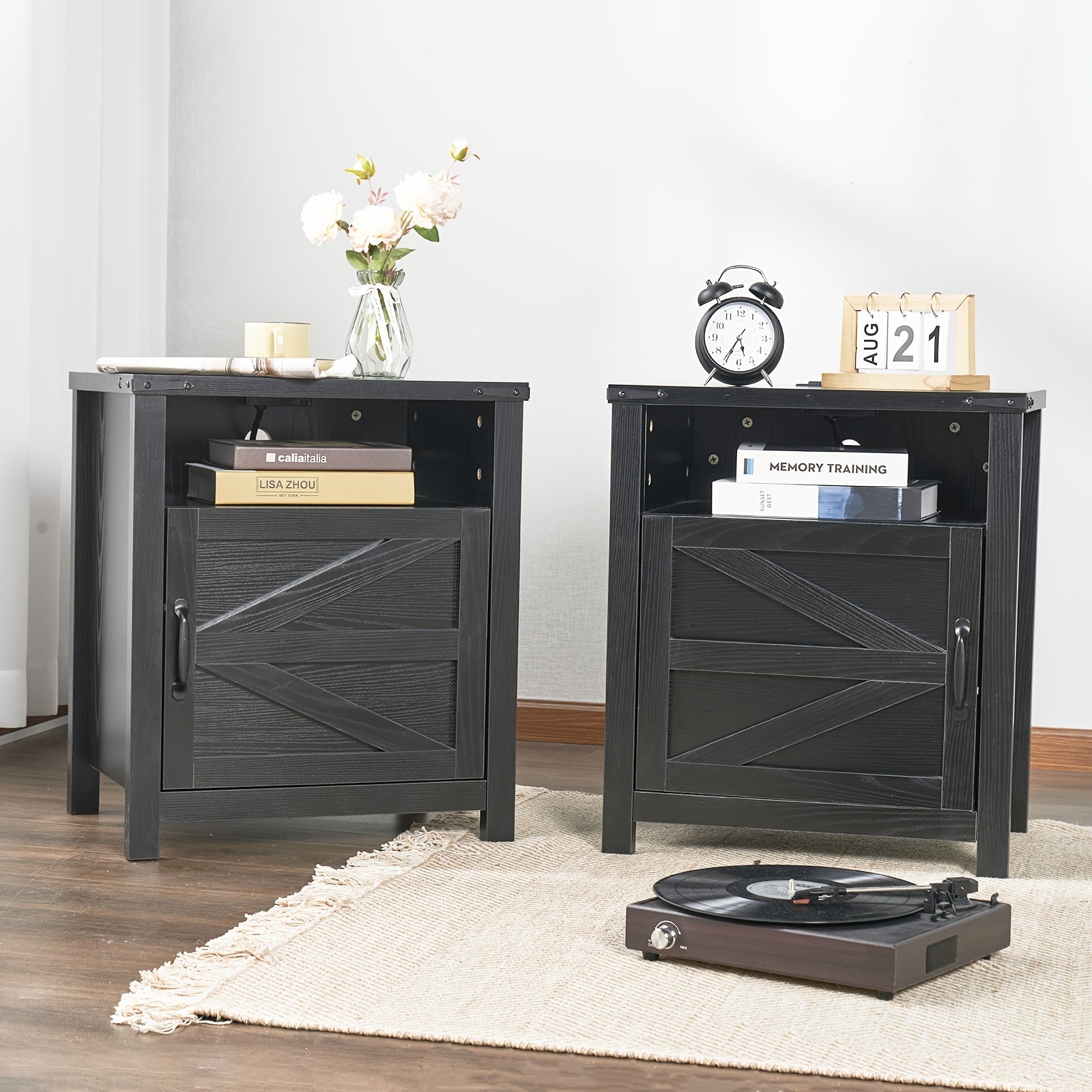 Farmhouse End Table With Charging Station, 21'' Rustic Nightstand With Barn Door, And Open/Closed Storage, Set Of 2 For Living Room Or Bedroom.