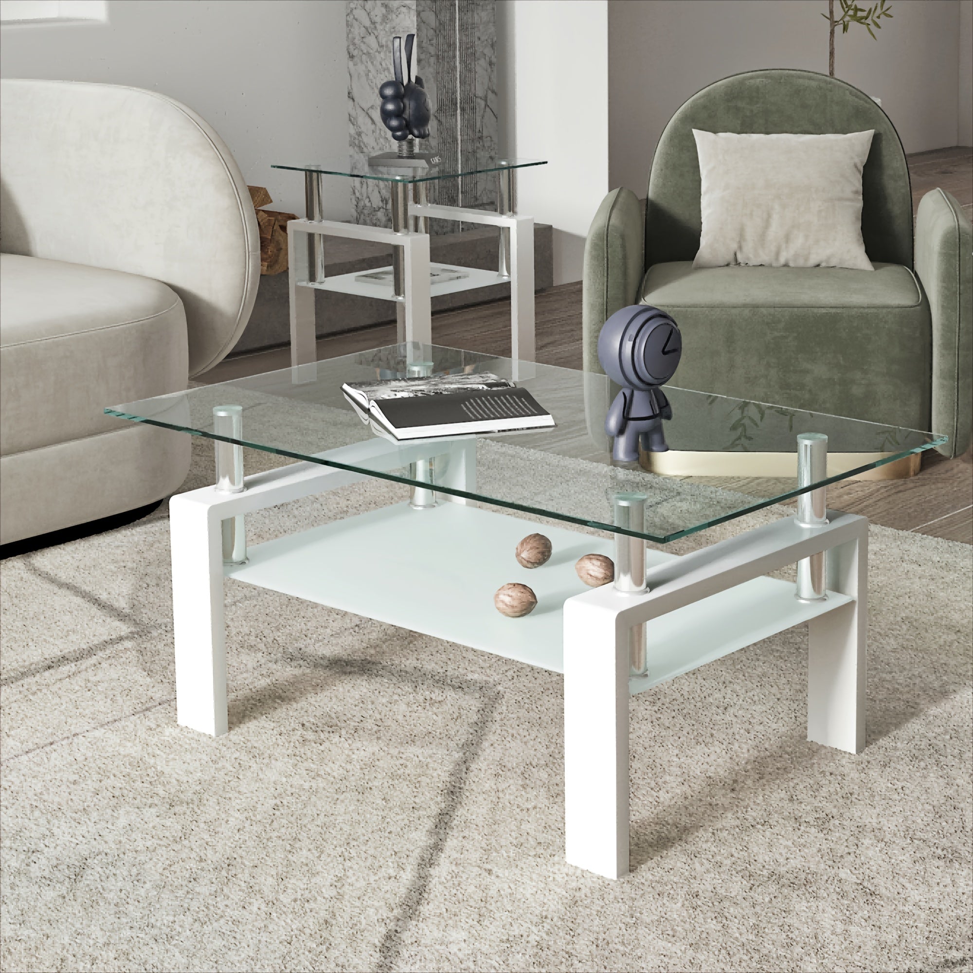 Classic Style Rectangular Tempered Glass Coffee Table with Metal Frame, Durable Living Room Centerpiece with Modern White Accents, Leisure & Home Office Compatible, No Assembly Required