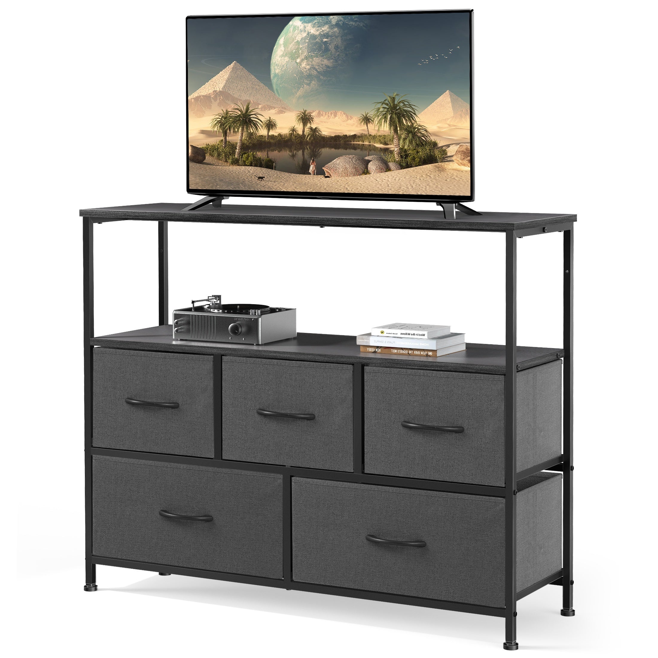 TV Stand Entertainment Center With 5 Fabric Drawer For Bedroom 76cm Tall Dresser With Open Display Media Console Closet Metal Shelf Storage For Living Room Space Saving