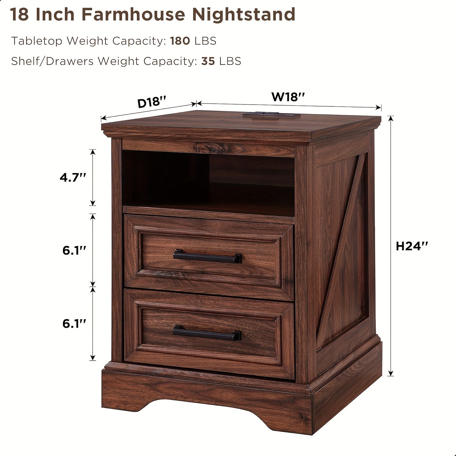 45cm Farmhouse End Table with Charging Station, Nightstand with 2 Drawers Storage, Side Table, Bedside Cabinet for Living Room, Bed Room