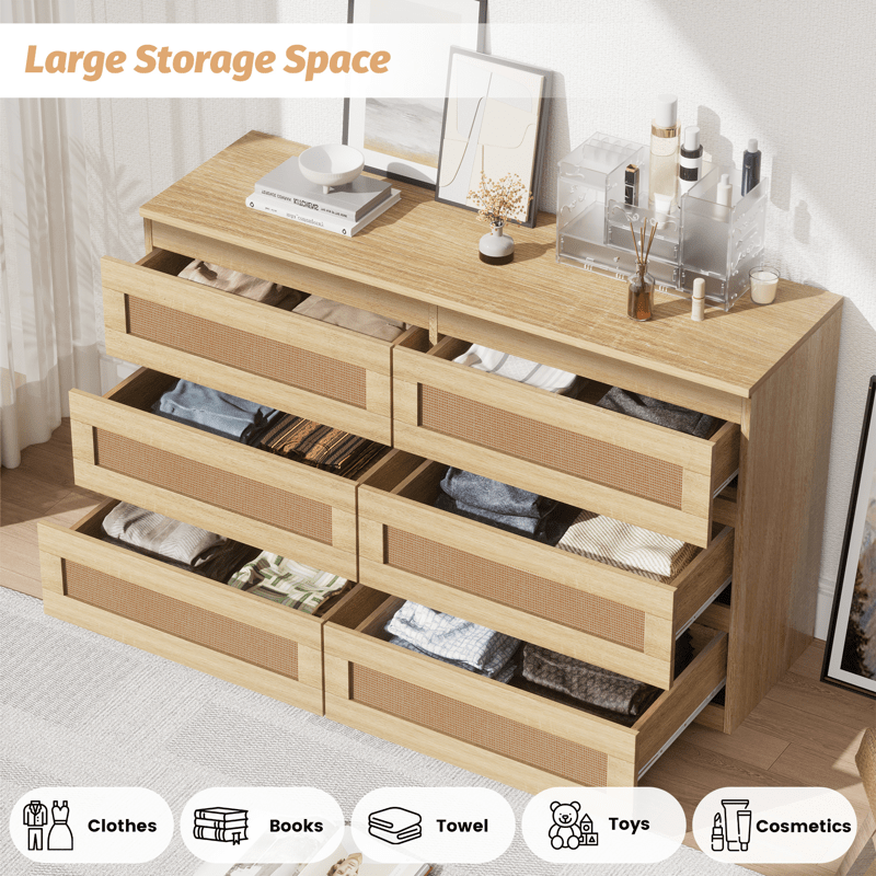 Rattan Dresser for Bedroom, Modern 6-Drawer Double Dresser with Anti-Tip Kit, Wood Storage Wide Chest of Drawers for Bedroom, Living Room, Hallway