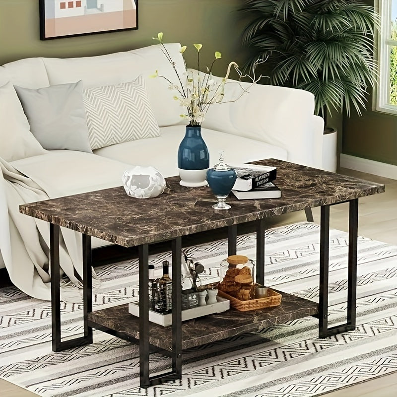 Marble Coffee Table, Faux Marble Top Rectangular Coffee Table with Golden Metal Frame, Modern Coffee Table with 2 Tier and 4 legs for  Living Room, Office, Balcony, 40 Inch, Brown and Black