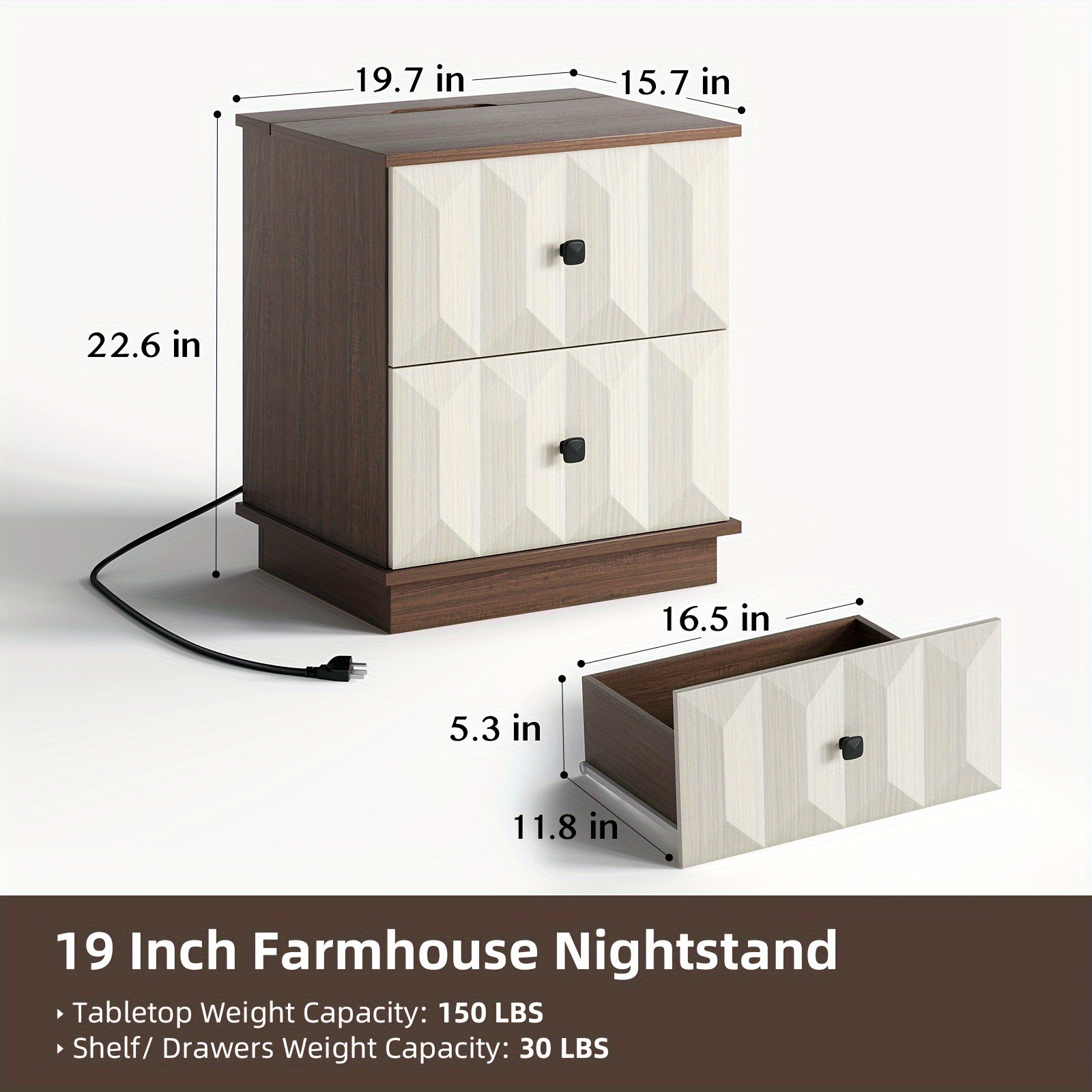 Modern Farmhouse Nightstand With Charging Station, Bed Side Table With 2 Drawers, Adult End Tables, 19" Large Nightstand Wood, For Bedroom, Living Room (Walnut White)