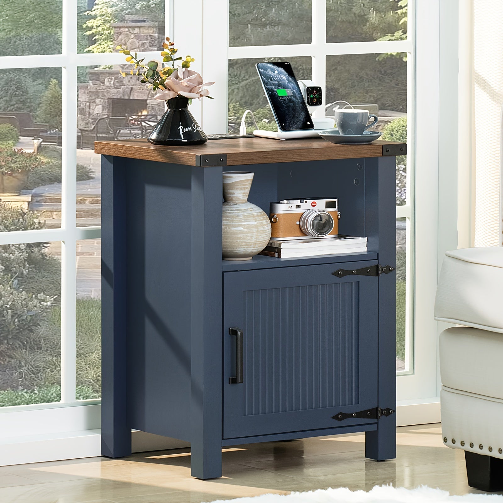 Charming Dark Blue 46cm Farmhouse Nightstand with Charging Station & USB Port, Rustic Hardwood End Table with Magnetic Doors & Storage Shelf - Ideal for Bedroom Comfort, Bedroom Decor