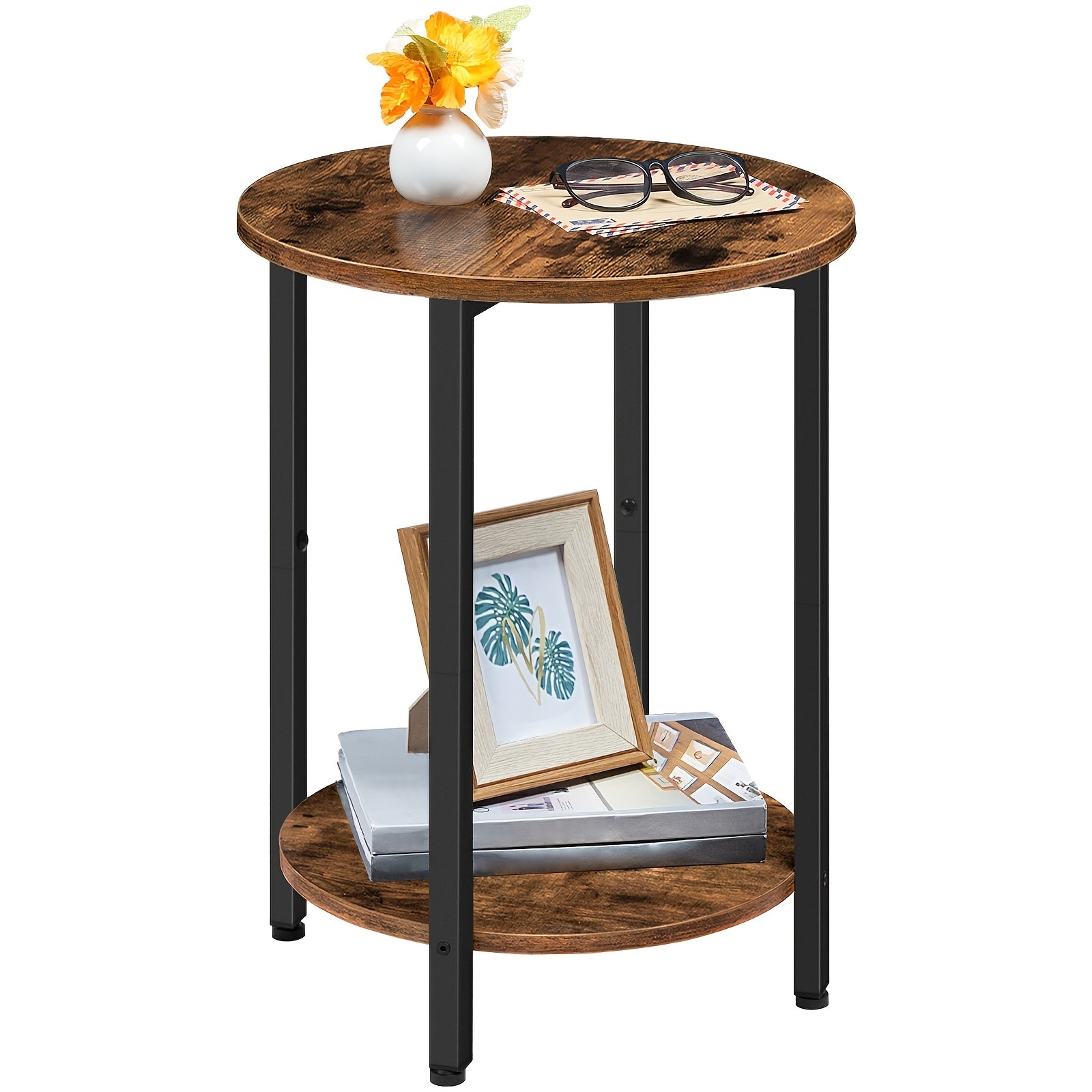 Rustic 2-Tier Round Side Table with Storage - Industrial Wood & Metal Frame, Perfect for Small Spaces, Living Room, Bedroom - Available in Rustic Brown and Greige, Accent Table, Sofa Couch Table, Stable