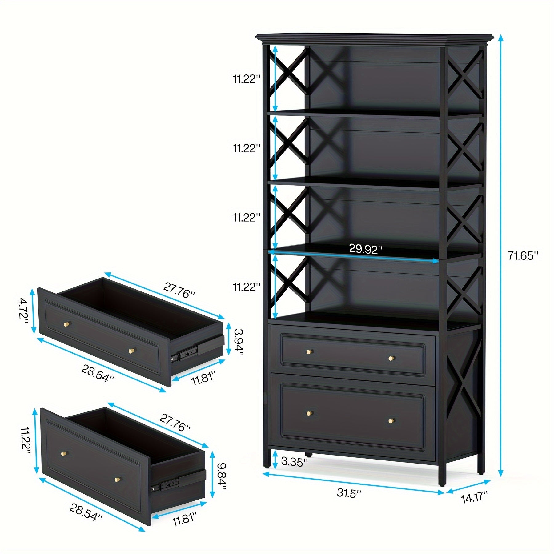 6-Tier Bookcase with 2 File Drawers,182cm Tall Narrow Bookshelf, Modern Heavy Duty Display Rack for Home Office, Living Room, Bedroom