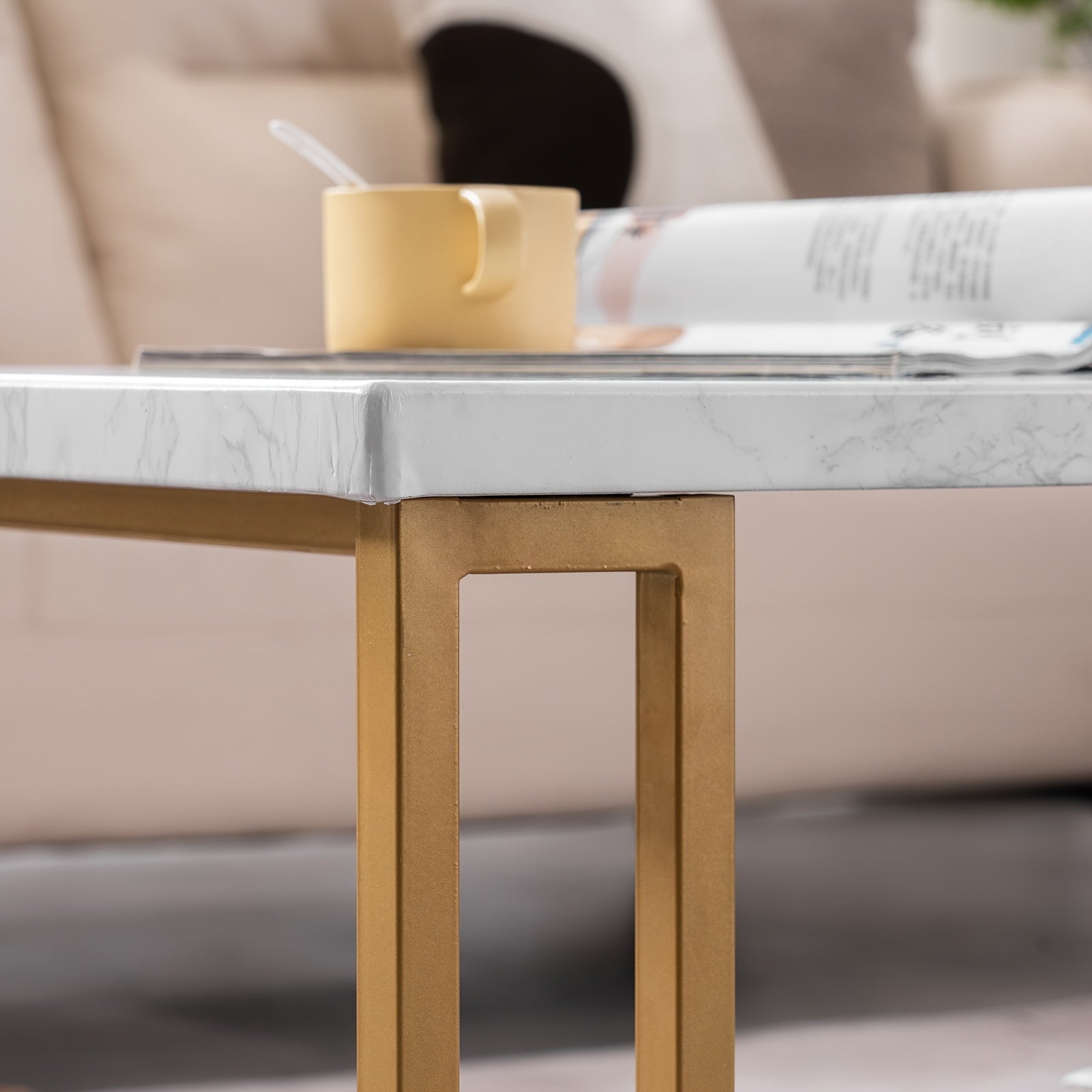 Simple Double-layer Golden Iron Pipe Marble PVC Coffee Table Rectangular