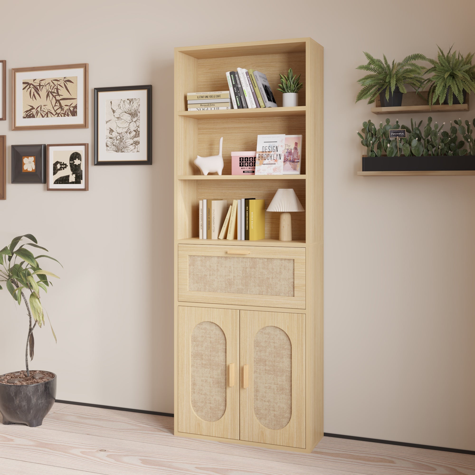 Modern 6-Tier Wooden Bookshelf with Rattan Doors - Adjustable Shelves, Freestanding Display & Storage Cabinet for Living Room and Bedroom