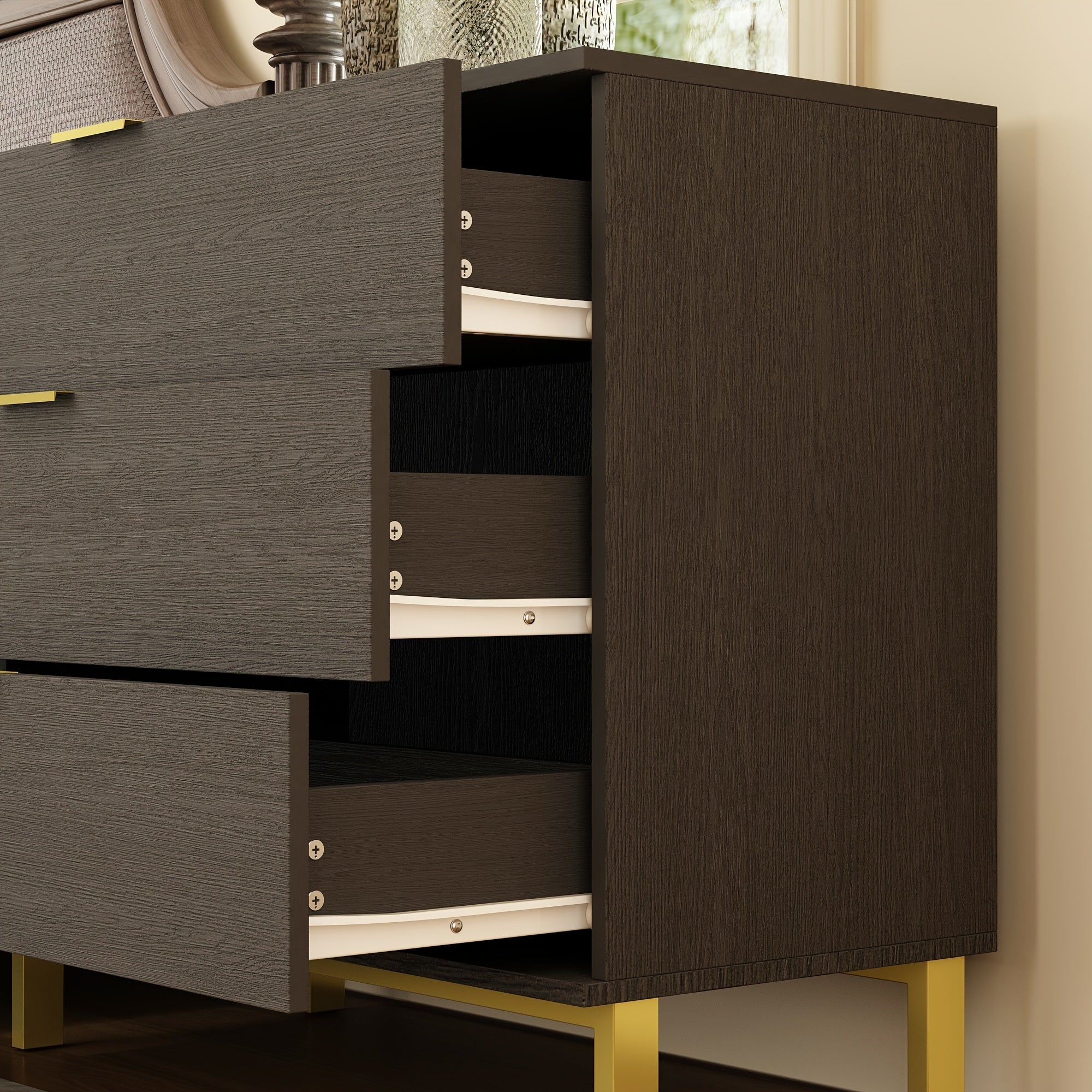 Modern Elegance Three-Drawer Nightstand With Gold Accents