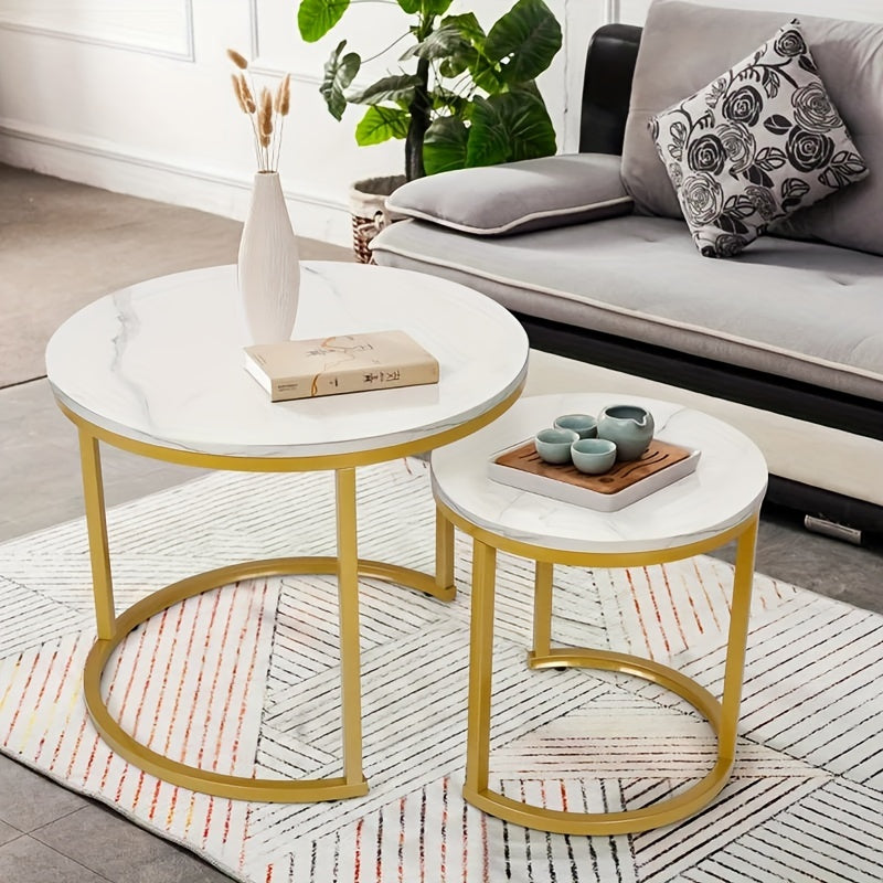 Coffee Tables for Living Room - Small Round Set of 2, Center Table with Solid Wood Grain Table Top and Sturdy Metal Frame, Nesting Tables for Small Spaces, Easy to Assemble