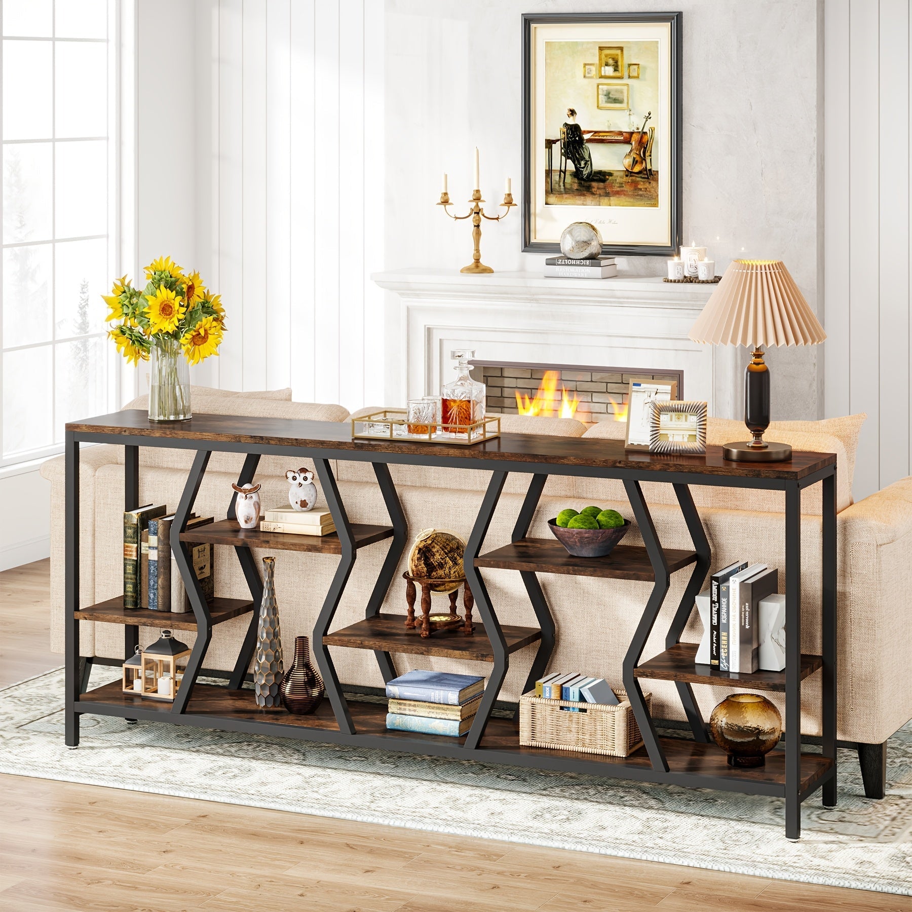 Extra Long 180 cm Rustic Brown Sofa Console Table with 4-Tier Storage Shelves - Industrial Narrow Design for Living Room, Entryway, or Foyer Decor