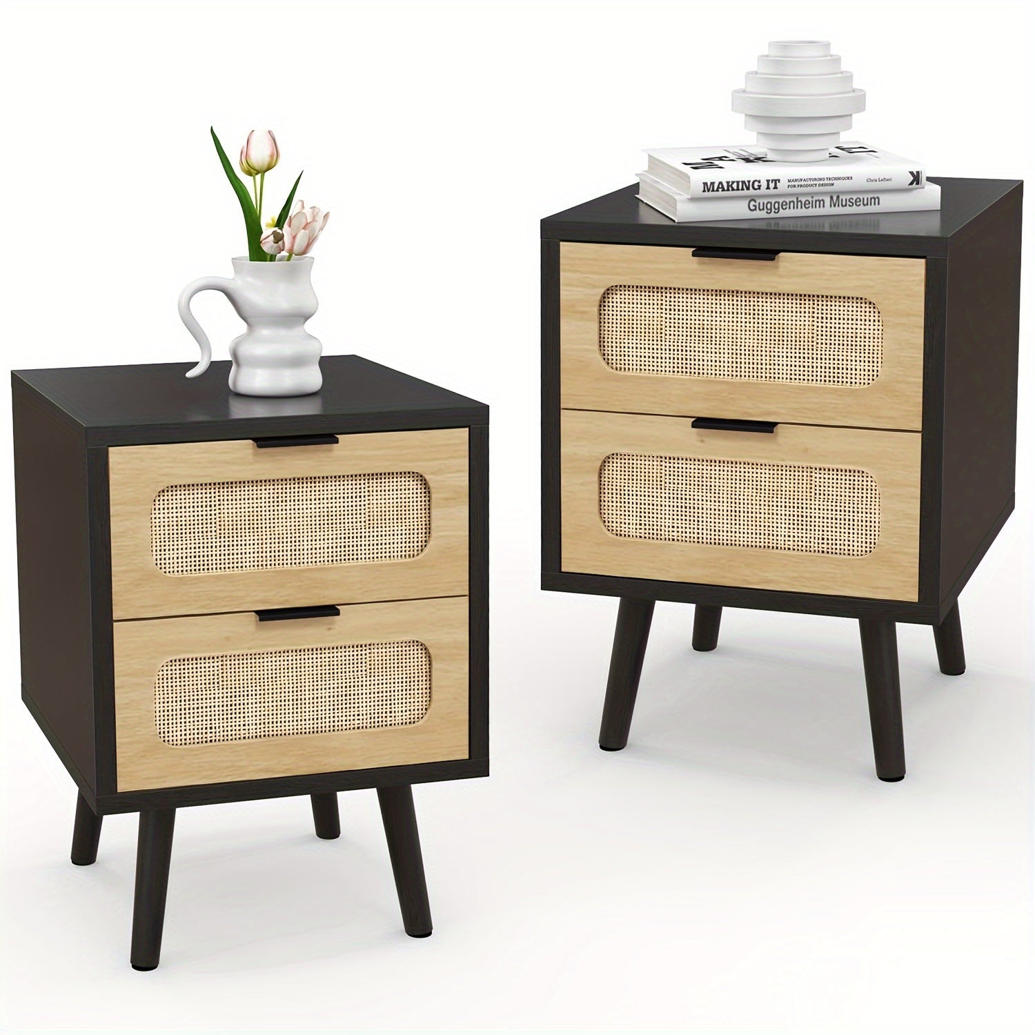 Set Of 2 Nightstands With Rattan Drawer, Modern Night Stand For Bedrooms, Wooden 2 Drawer Bedside Table Side Table For Small Place Living Room And Bedroom