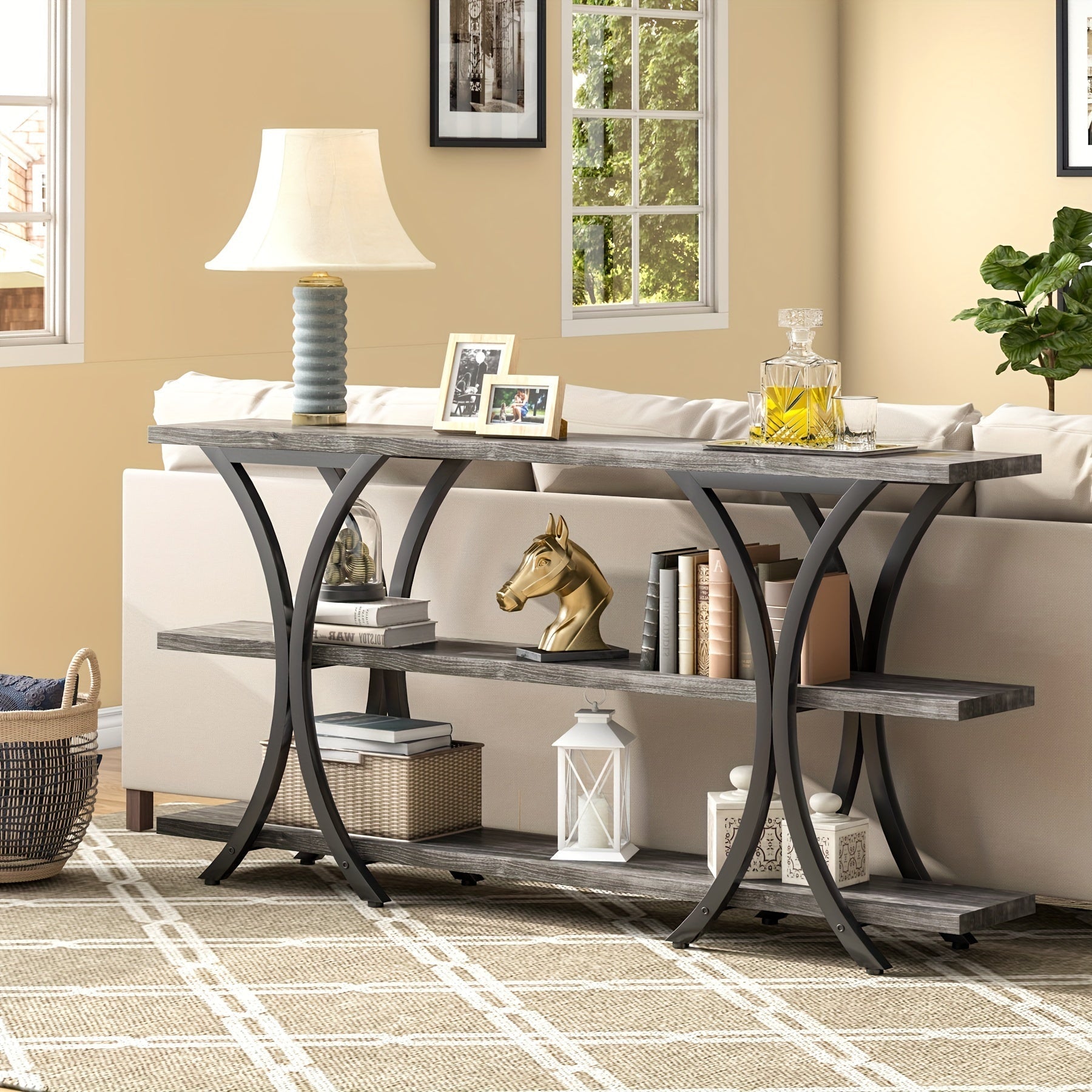 180 cm Narrow Console Table, Long Sofa Table Entry Table with 3 Tier Storage Shelves for Entryway Hallway Living Room