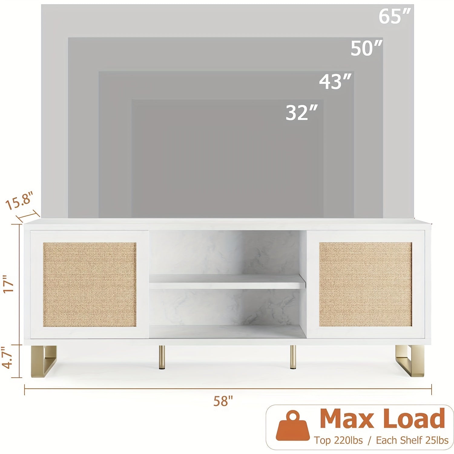 Mid Century Modern TV Stand For 65 Inch, White And Golden TV Stand For Living Room, Rattan Entertainment Center With Storage, Media Console With Slide Doors And Adjustable Shelf For Bedroom