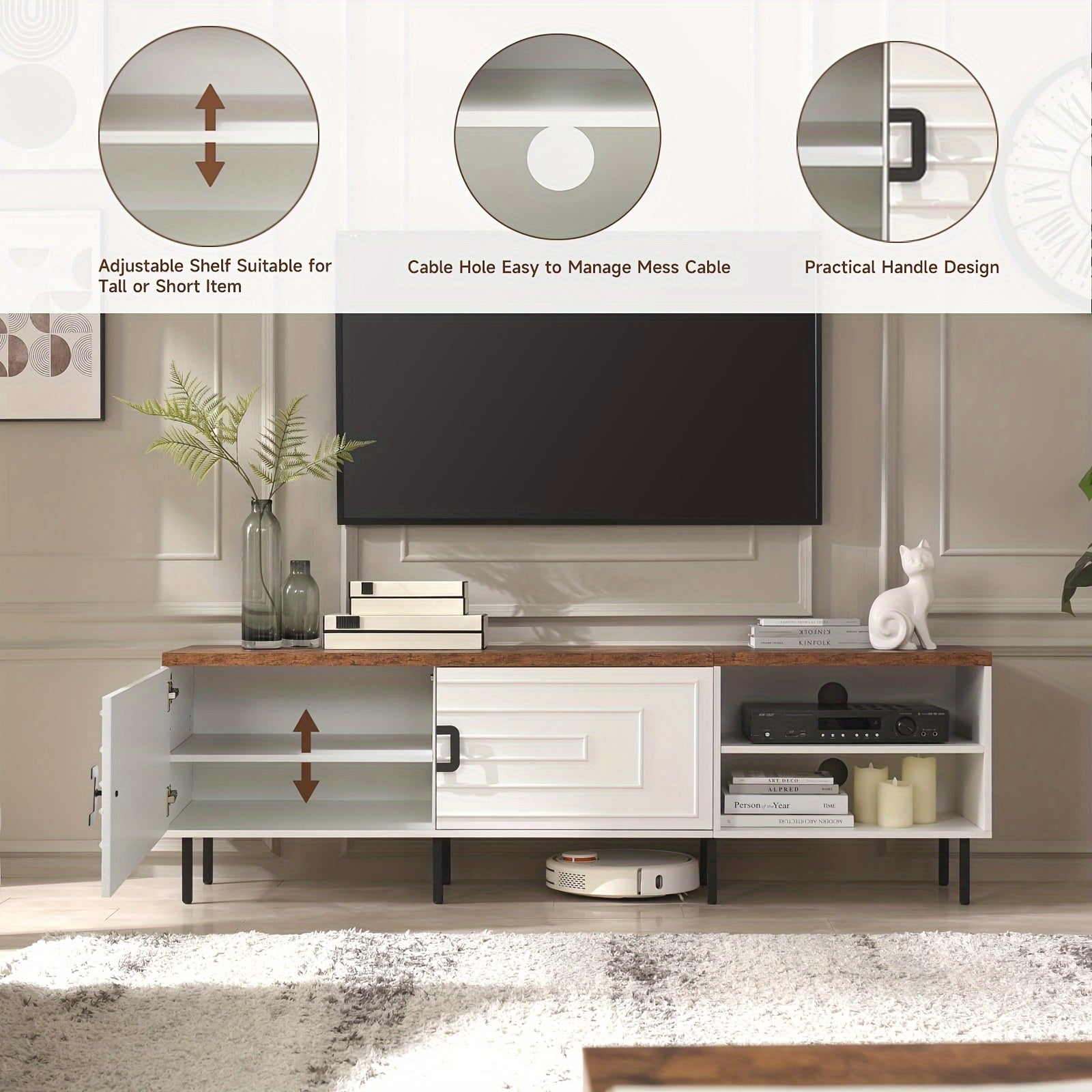 White TV Stands For Living Room, 178cm Farmhouse TV Stand For 50/60/70/80 Inch TV, Gaming TV Console Table With Media Storage For Gaming Room, Modern Entertainment Center For Bedroom.