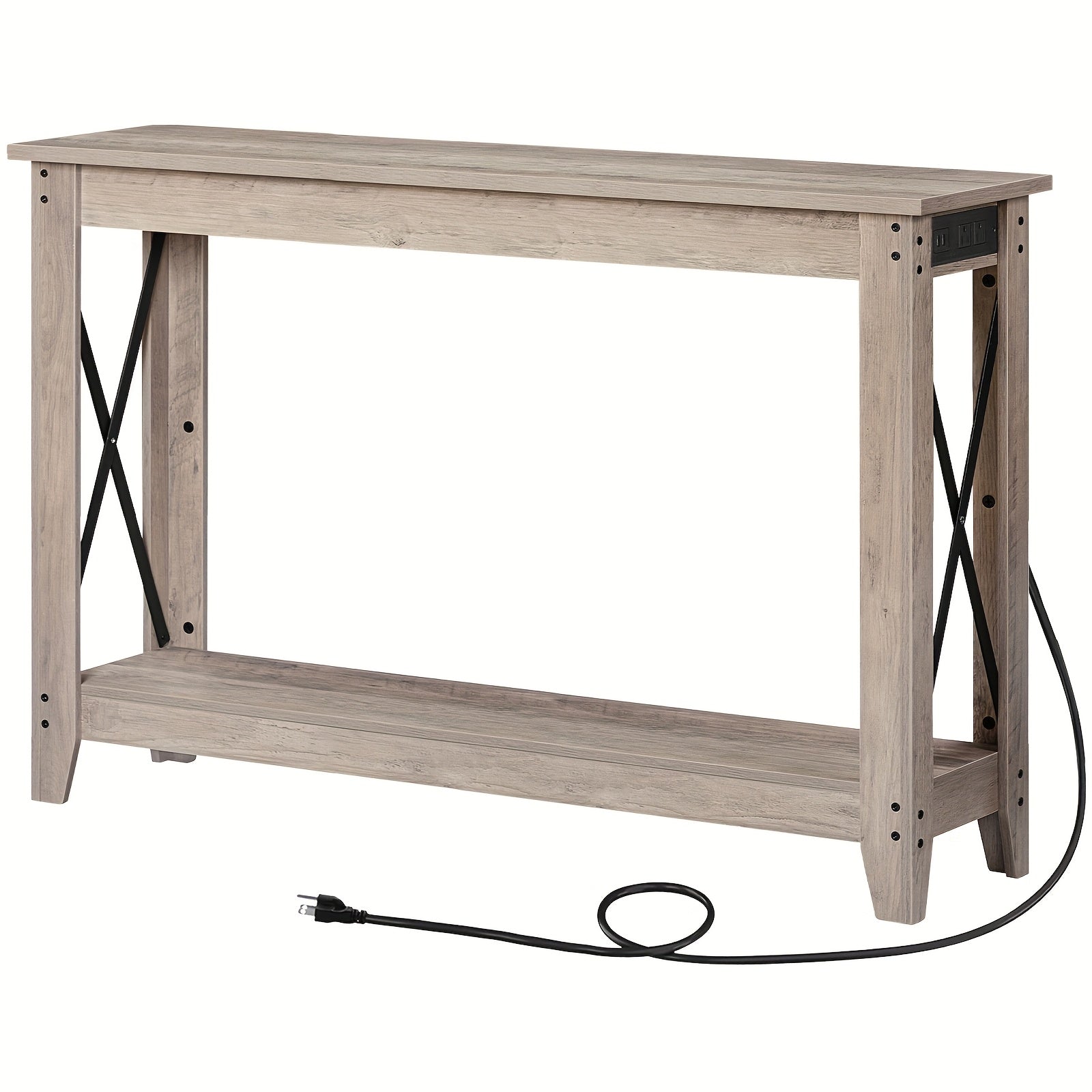 Rustic 120 cm Narrow Console Table with Built-In Power Outlet - Dual Tier Entryway Sofa Table for Foyer, Hallway & Living Room