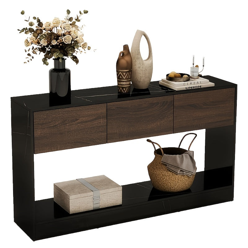 130 cm Long Console Table with 3 Drawers - Entryway Table with Storage, Sofa Table with Open Shelf for Living Room, Foyer, Hallway, Entry - Black and Office Marble Black and Brown