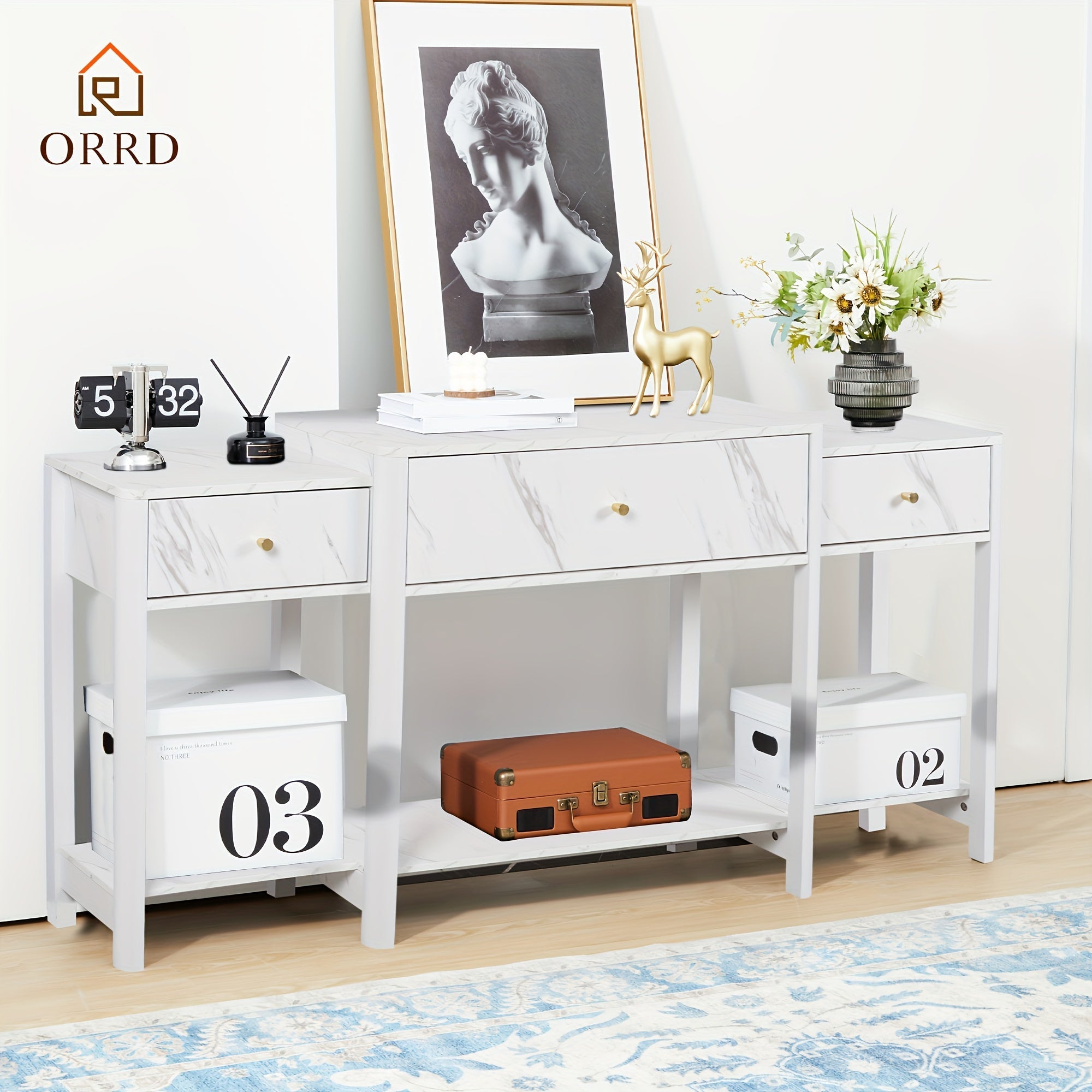 160 cm Console Table with Drawer, Narrow Sofa Tables with Open Storage Shelves, Long Behind Couch Table Hallway Foyer Table for Living Room, Entryway, Easy-to-assemble