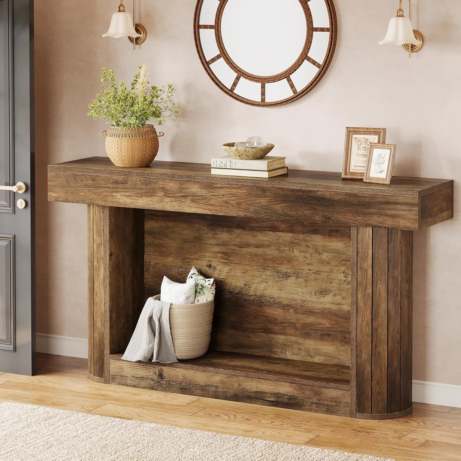 Charming Vintage Brown 160 cm Farmhouse Console Table with Storage - 2-Tier, Space-Saving Design, Ideal for Entryway, Living Room, or Foyer, Durable Hardwood Construction, Table Decor