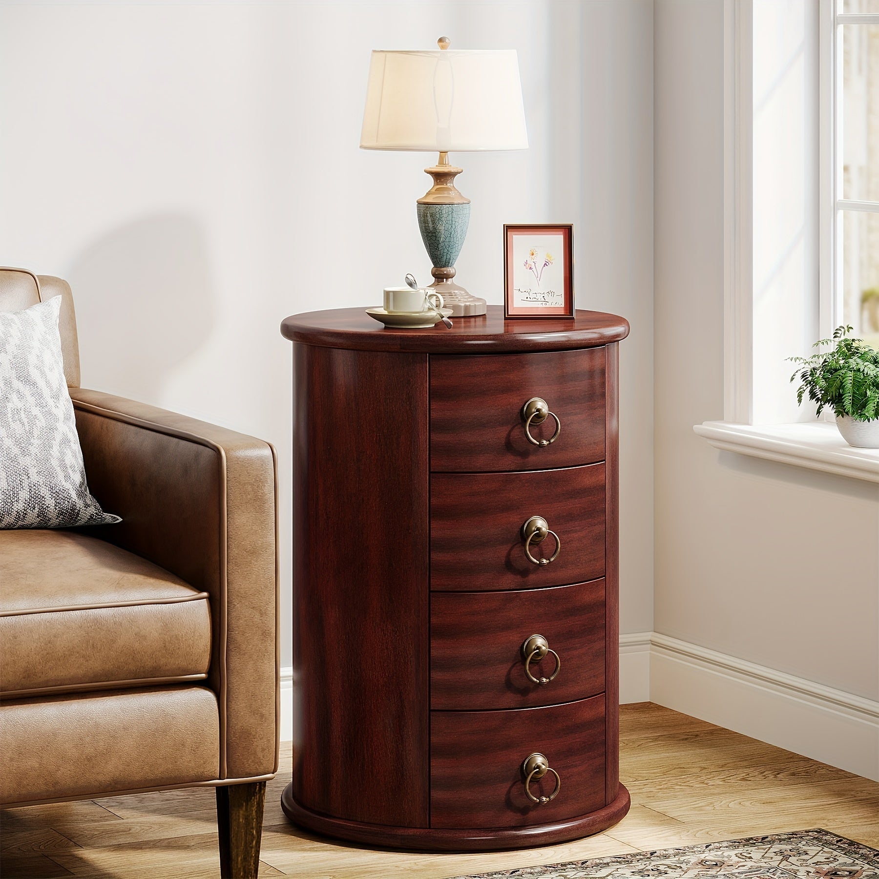 Charming Vintage-Style Solid Wood Round End Table with 4 Drawers - Mid-Century Modern Design, Warm Cherry Brown Finish, Perfect for Small Spaces in Living Room or Bedroom, No Assembly Required