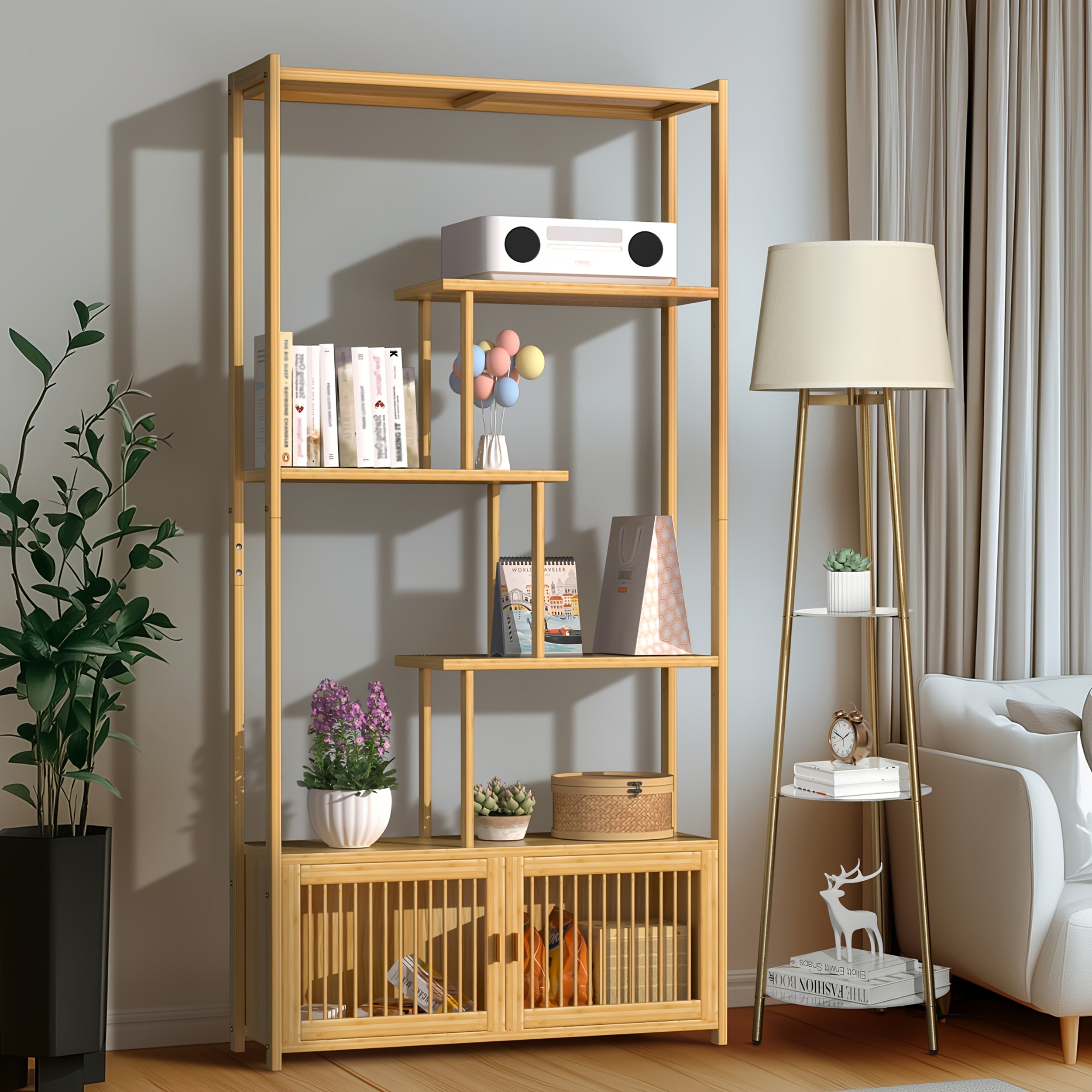 Free Standing Storage Shelf: Bamboo Storage Rack Shelving Unit with High And Low Shelves Bookshelf Plant Stand for Home Organization