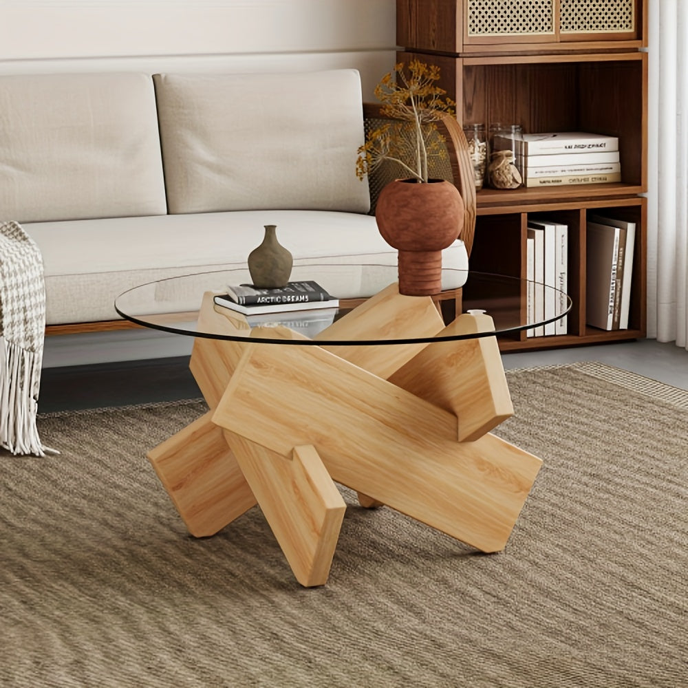 Round Glass Top Coffee Tables For Living Room, 33.4 Inch Rustic Farmhouse Center Table, Mid Century Circle Cocktail Table With Gray Wood Crossed Legs, Characteristic Furniture