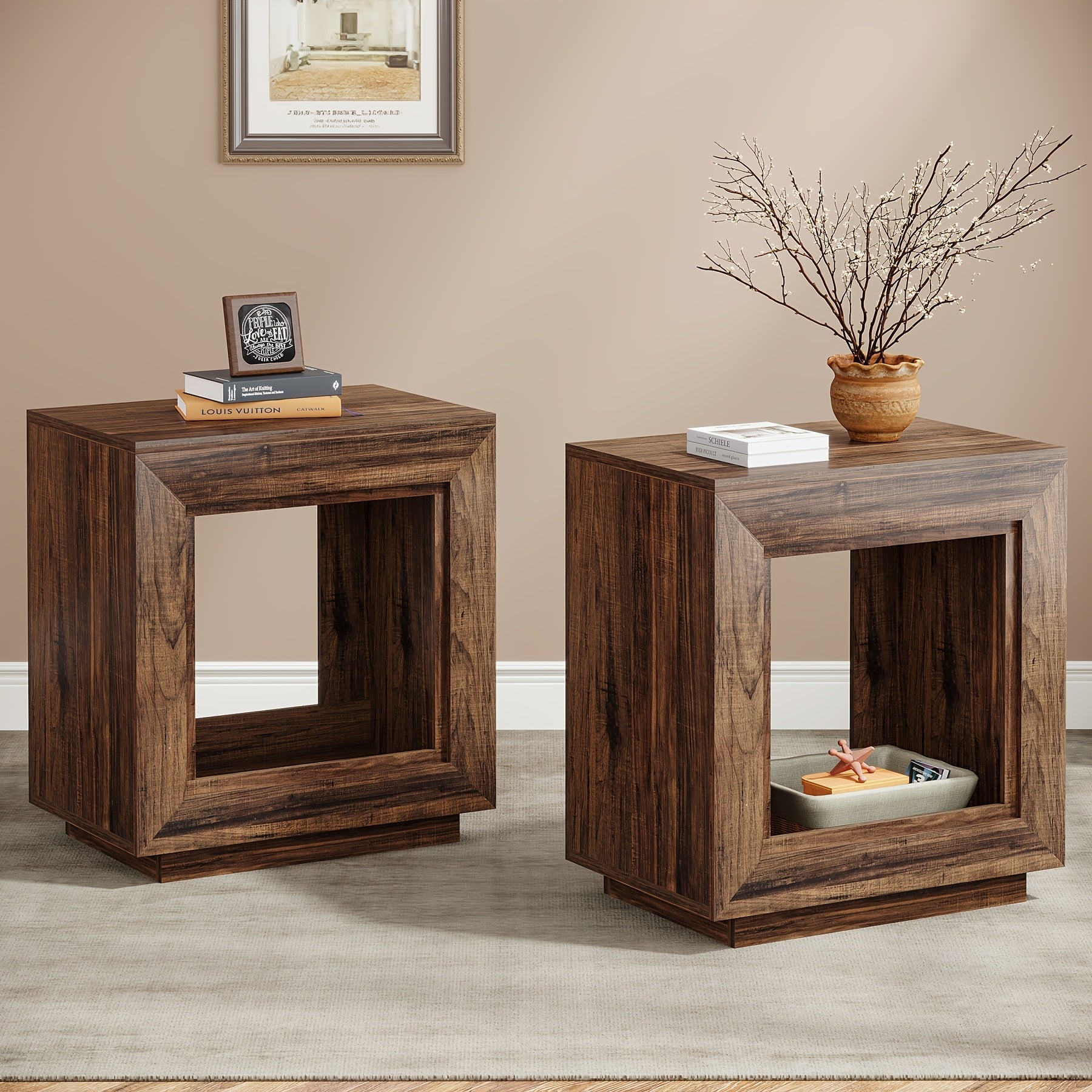 Charming 64cm Farmhouse End Table with Storage - Rustic Dark Wood Finish, 2-Tier Side Table for Living Room or Bedroom, Space-Saving Design with Ample Top Surface & Under-Table Shelf for Books and Decor, Compact Side Table|Rus