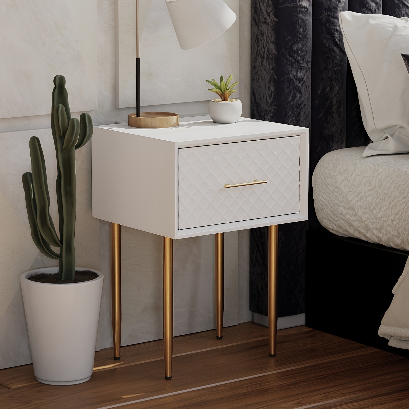 Elegant Farmhouse-Style White Nightstand with Golden Legs, Waffle Pattern Drawer - Modern Diamond Motif Side Table, Durable MDF, Easy Assembly, Perfect for Stylish Bedrooms, Stylish Nightstand|Modern Farmhouse Style|Plantsurr