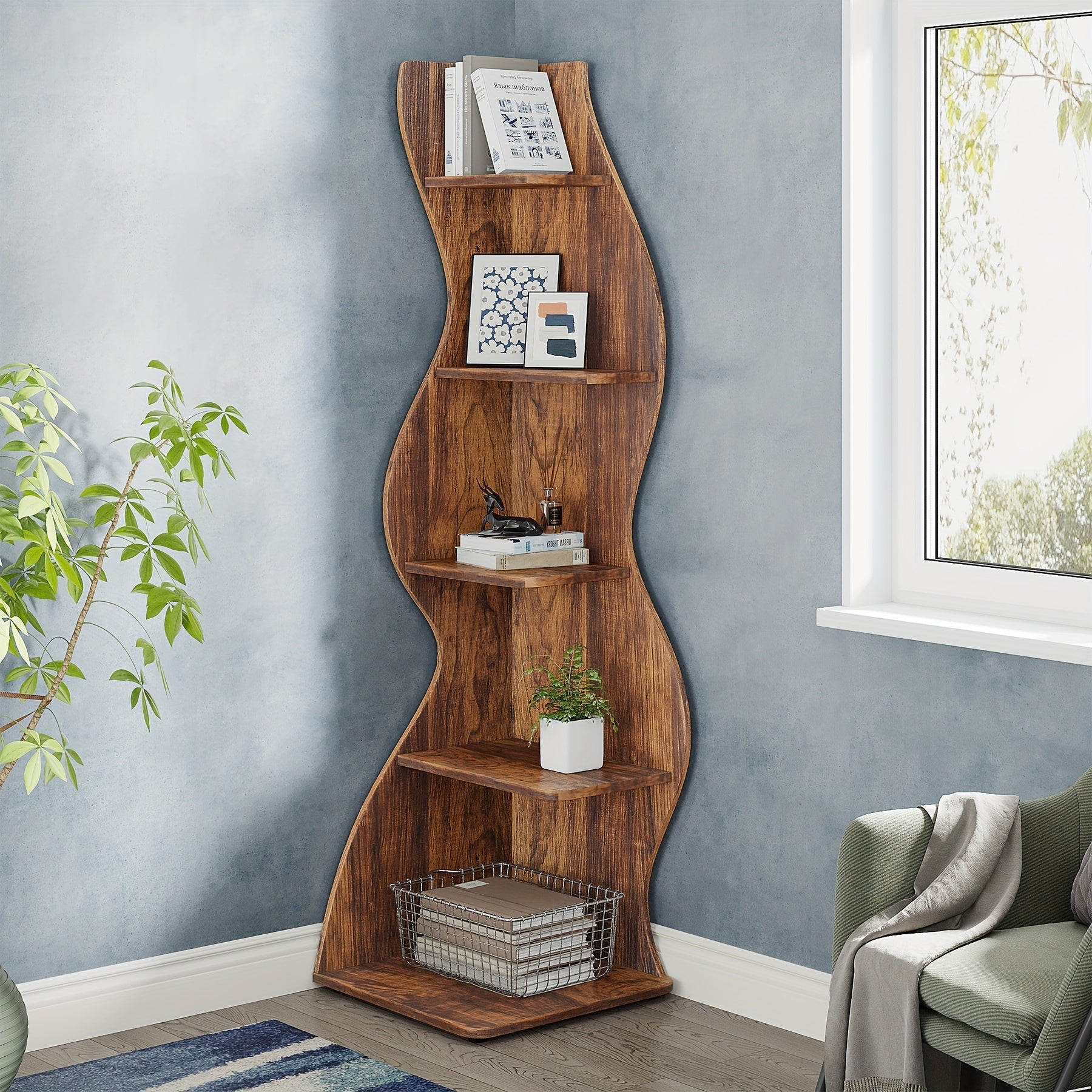 Rustic 5-Tier Wooden Corner Shelf - Space-Efficient Wall-Mounted Bookshelf with Unique Sea Grass Design, Perfect for Living Room & Home Office Decor, Sturdy Construction, Easy Assembly, Home Office Bookshelf|Rusti