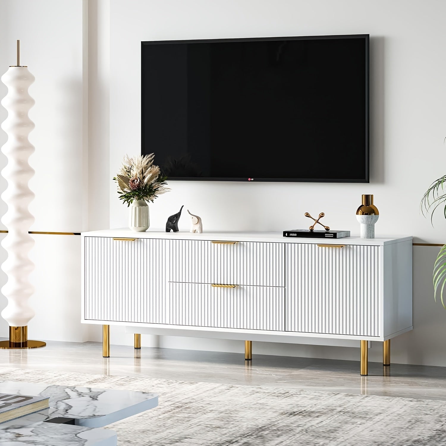 White TV Cabinet For TVs Over 65", Modern Living Room Entertainment Center With Storage, White TV Console Table For Bedroom, Corrugated Panel TV Cabinet With 2 Doors And Drawers