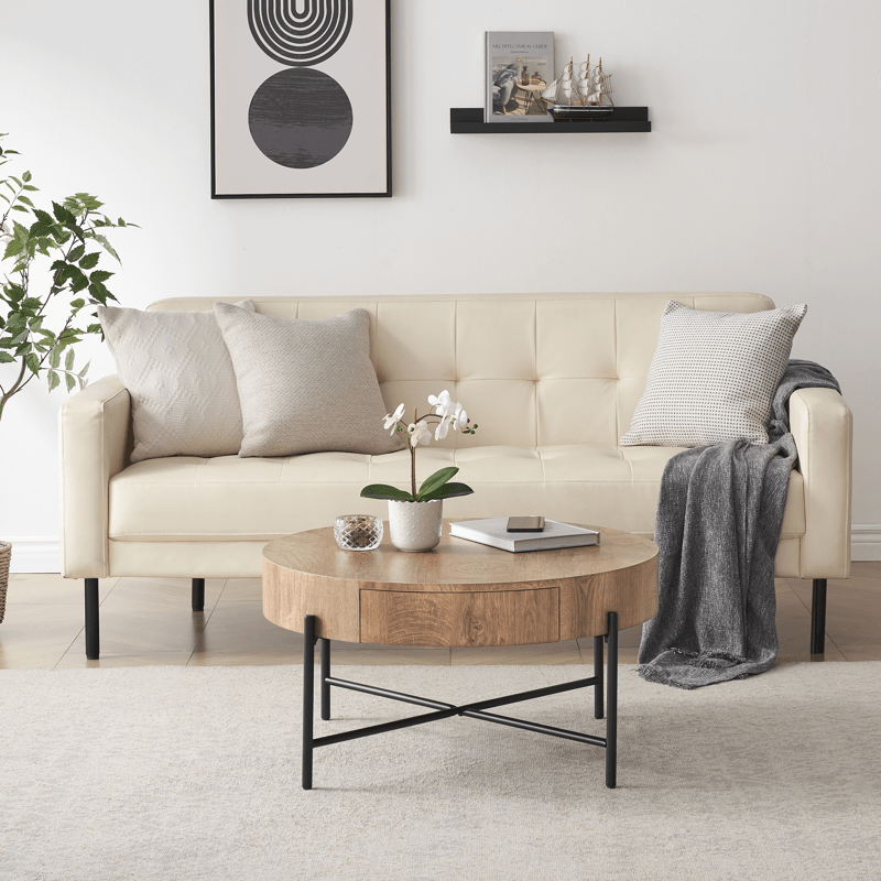 Farmhouse Style Round End Table with Drawer - Natural Wood, Multicolor Circle Side Table