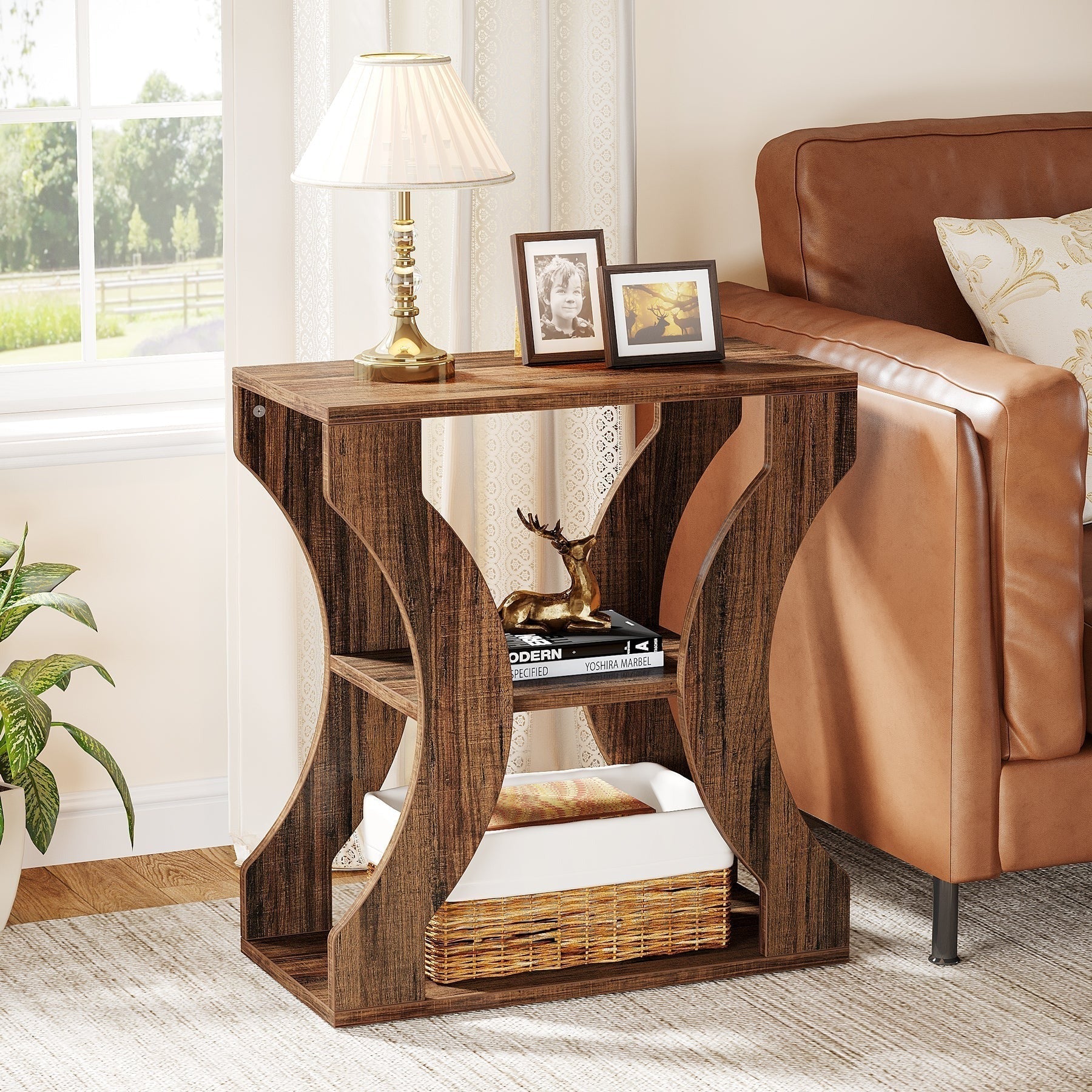 60cm Side Table, 3 Tier Farmhouse Side Table with Storage Shelves, can be used as a bedroom nightstand, coffee table