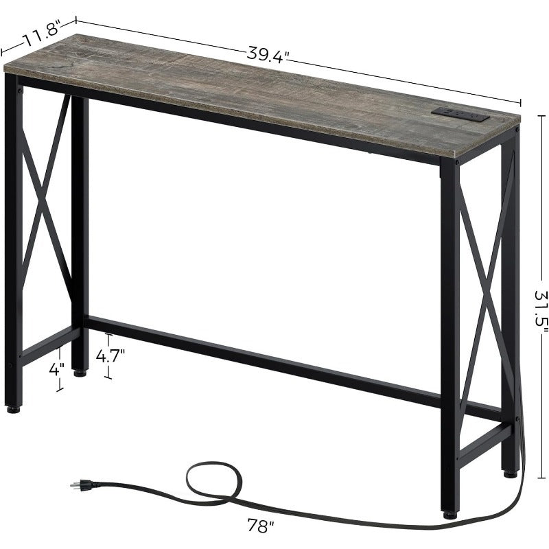 Console Table with Power Outlet, Sofa Table with Charging Station, Narrow Entryway Table, Skinny Hallway Table, Behind Couch Table 100 x 30/20, 140 x 30/20, 180 x 30/20 Farmhouse Table Behind Sofa Couch H