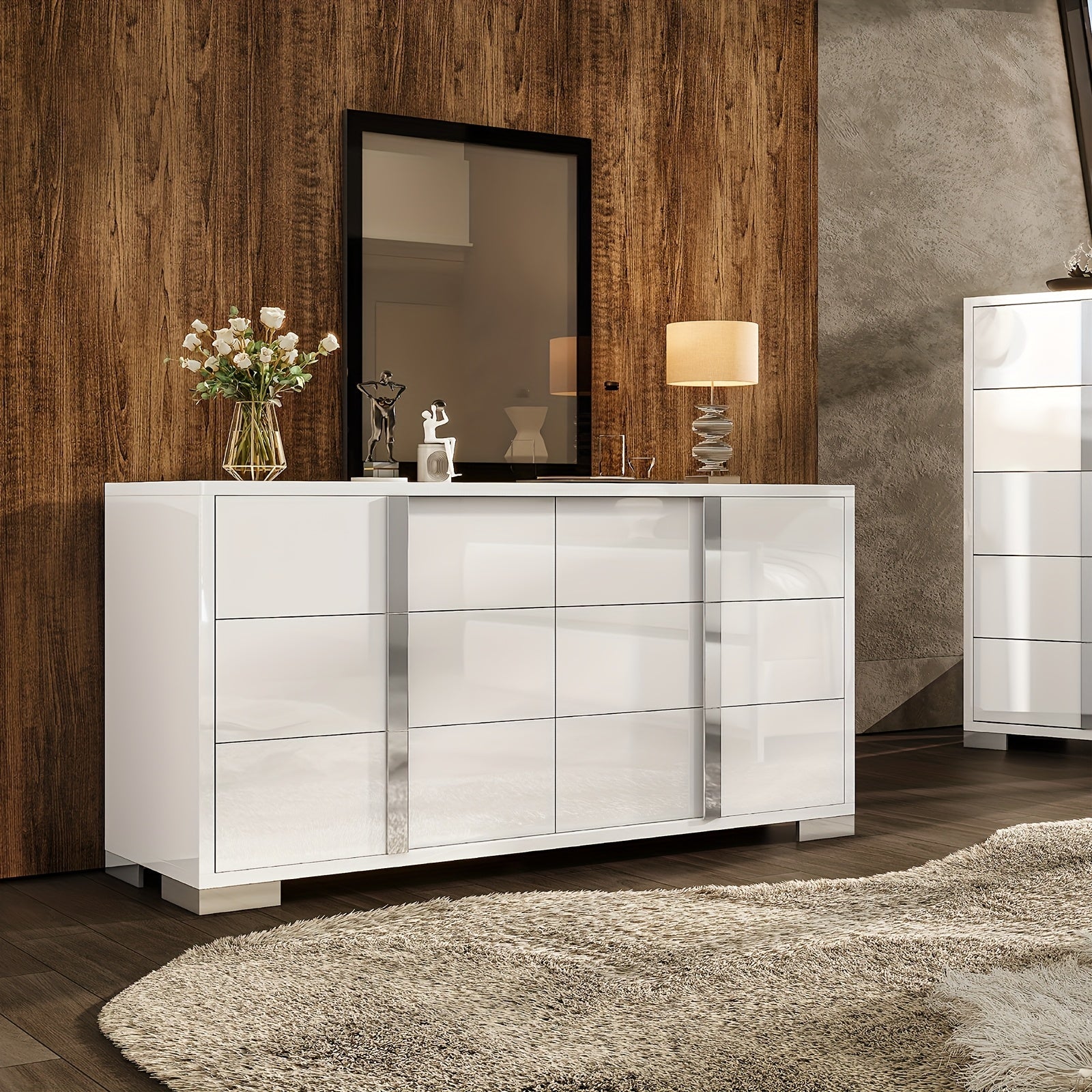 1pc Modern 137cm W Dresser, 6-Drawer Glossy Hardwood & MDF Sideboard with Silver Accents, Freestanding Storage Organizer for Bedroom, Living Room