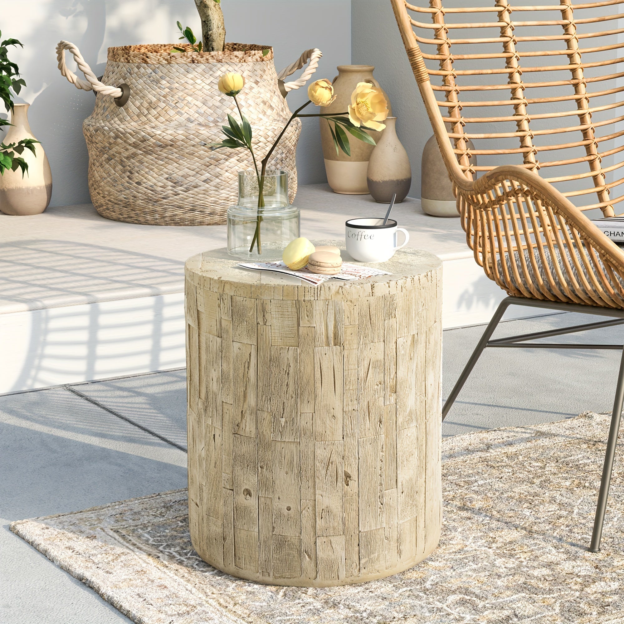 38cm Outdoor Side Table For Patio, Concrete Side Table Tree Stump Side Table, Garden Stool Side Table, Patio Side Table, Outdoor Accent Table, Light Brown Outdoor End Table Stump Coffee Table, Christmas Holiday Decorations Sid