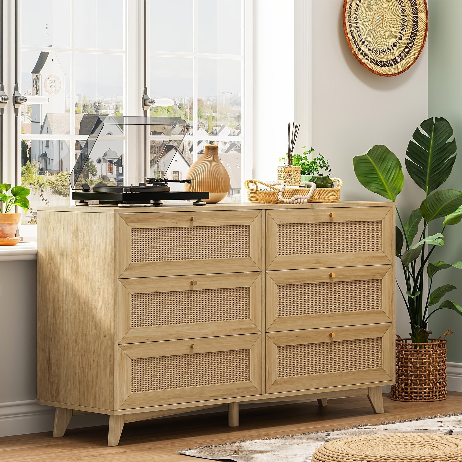 120cm Natural Rattan Dresser For Bedroom With 6 Drawers, Modern Double Wooden Wide Bedroom Dresser, Chest Of Drawers With Metal Handle & Solid Wood Legs For Bedroom/Living Room