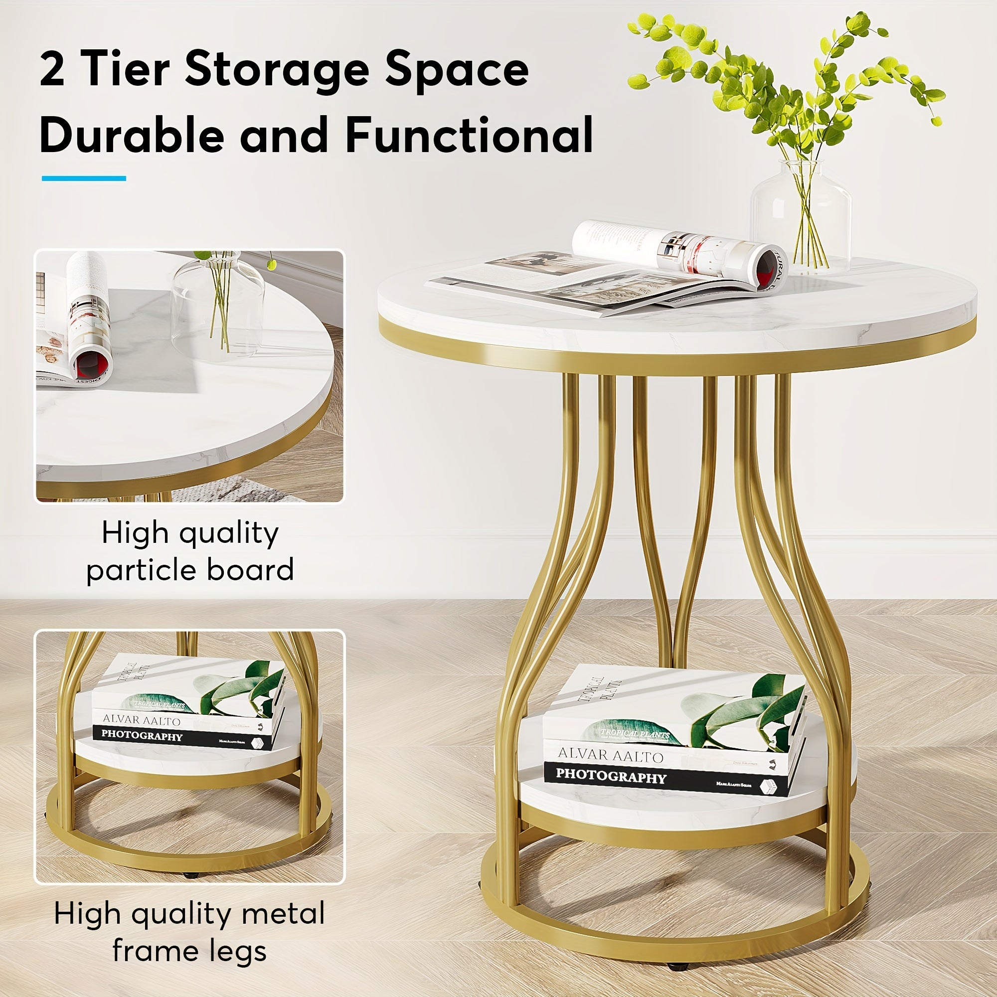 2 Tier Round Side Table, Faux Marble End Tables Coffee Table Simplistic Sofa Table Waterproof Table Indoor Outdoor Accent Table For Living Room Bedroom