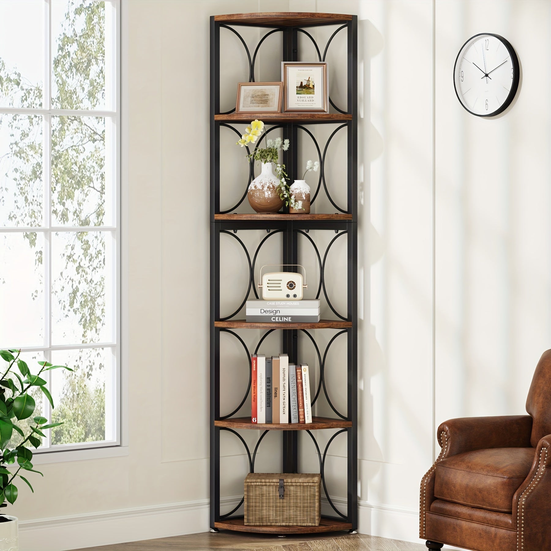 177cm Corner Bookshelf Bookcase Storage Rack Standing Shelving Unit for Living Room, 6 Tier Rustic Tall Corner Shelf, Small Space