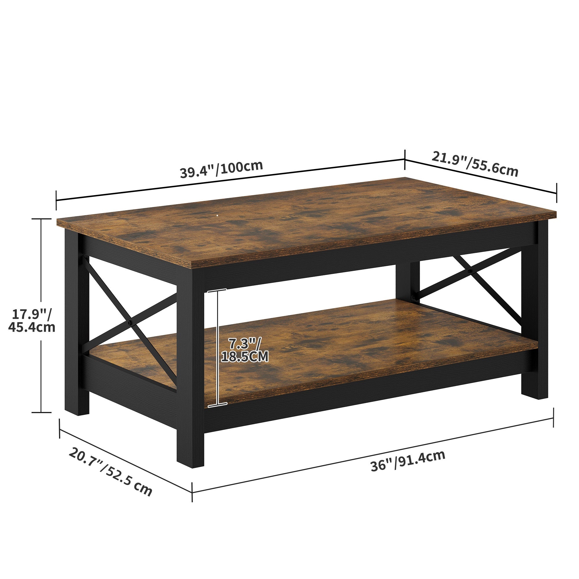 Vintage Brown Wood Coffee Table with Lower Shelf, Space-Saving Hardwood Center Table, Sturdy Leg Base, Manufactured Wood Construction, with No Electricity Required, for Living Room, Ideal for Thanksgiving, Christmas, Hallowee