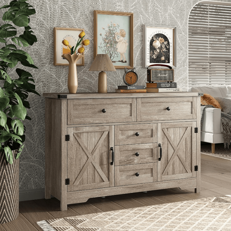 Solid Wood Farmhouse Dresser Chests for Bedroom with 5 Drawers & 2 Barn Doors, Tall Chest of Drawers, Rustic Dresser TV Stand, Dresser Organizer for Living Room, Kitchen