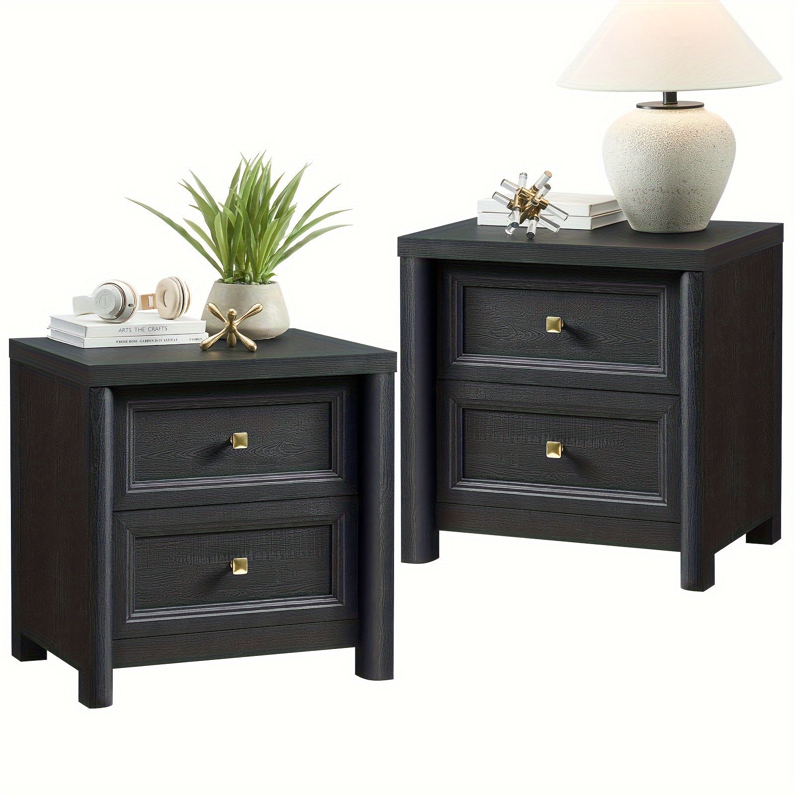 Black Nightstand Set Of 2, Farmhouse Night Stand Set 2, Black And Gold Nightstand With 2 Drawers, Wood Bed Side Table For Bedroom, 23.3" Tall Nightstand With Gold Knob, Wooden End Table Sofa Couch