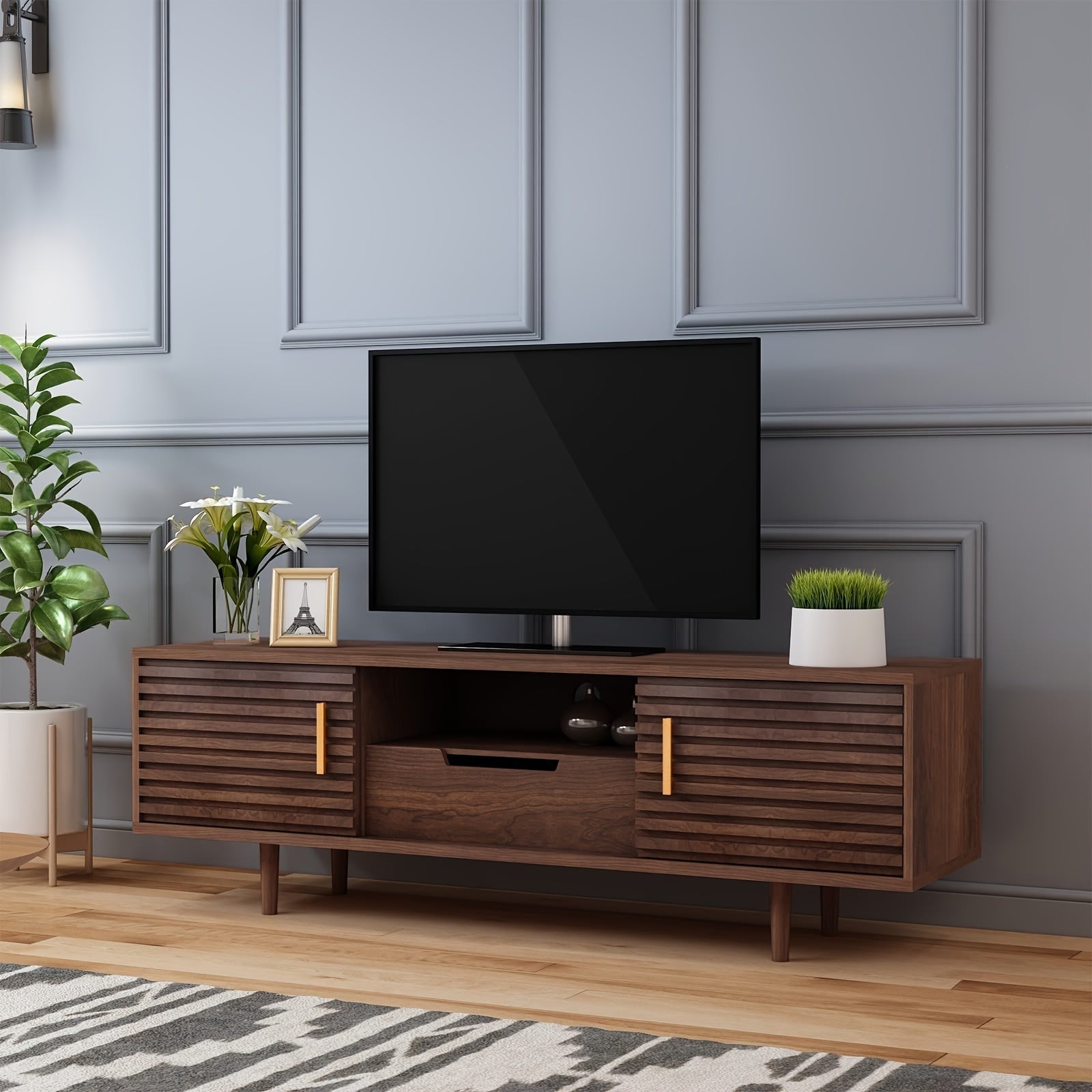 150cm Mid Century TV Stand For 65+ Inch TV, Mid Century Modern TV Media Console, Entertainment Center With Sliding Door, Drawer, Storage Shelves, Boho Television Stand For Living Room, Bedroom, Office, Brown TV Stand, Flute TV