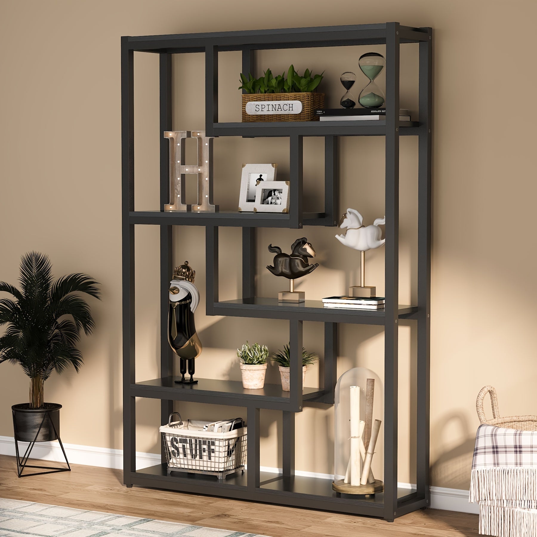 177cm Tall Modern 6-Shelf Bookshelf, Industrial Staggered Etagere Bookcase With Robust Metal Frame For Display And Storage