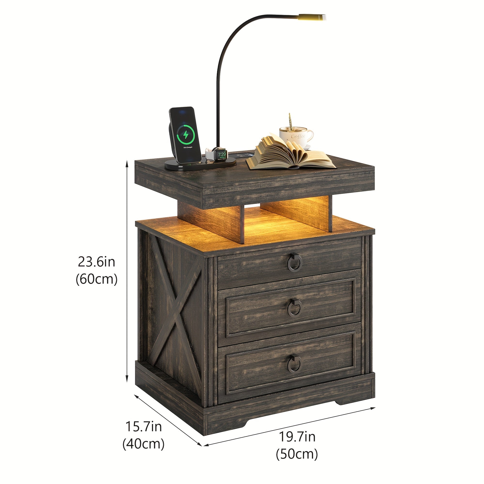 Side Table With Gun Case, Wireless Charging For Farmhouse Night Stand, Bedside Table With 2 Drawers, End Table With Bedside Lamp, Night Stand For Living Room&Bedroom