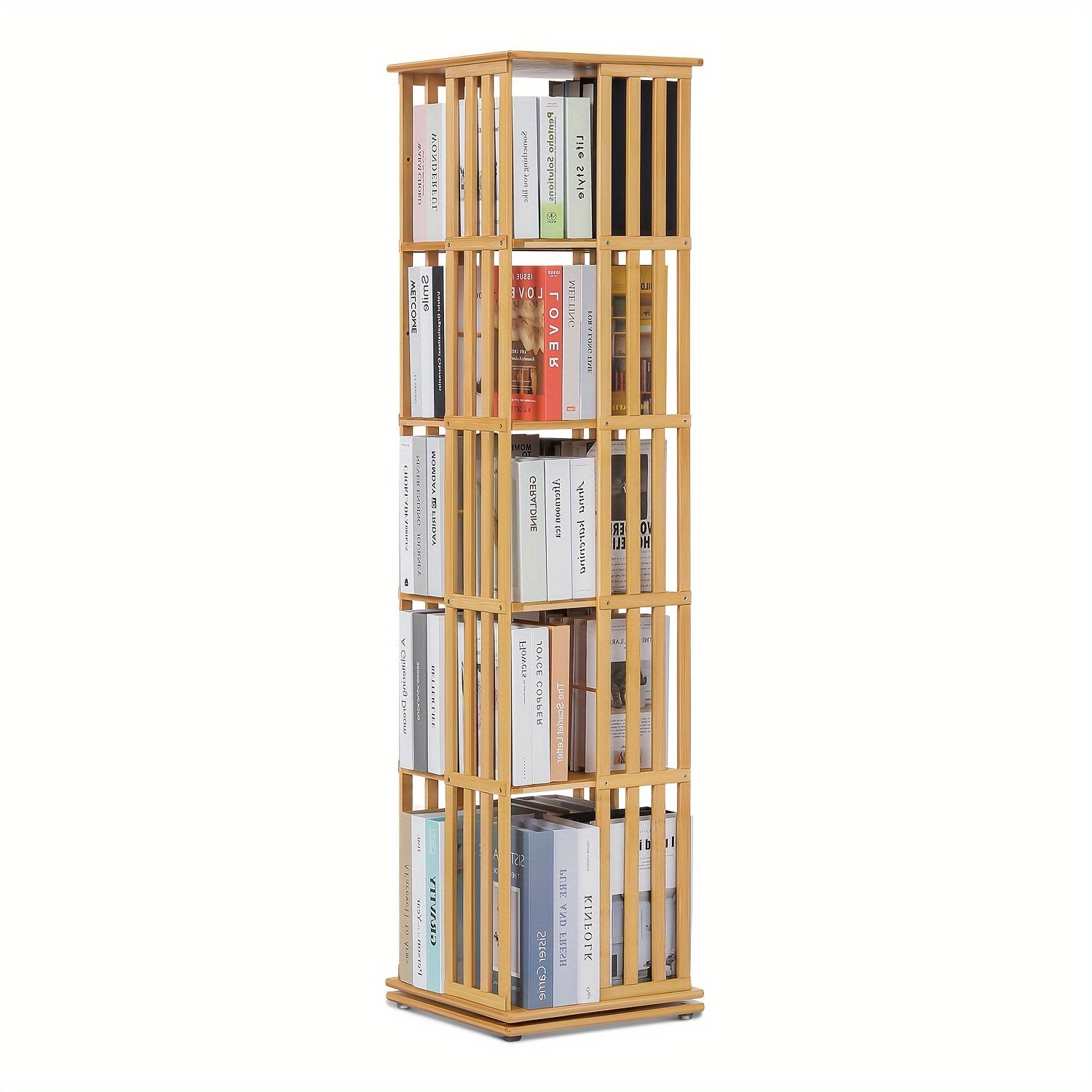 5-Tier Corner Tall Book Shelf, 360° Bamboo Rotating Storage Display Rack Standing Shelves with Open Design Shelving for Living Room Study Room Office