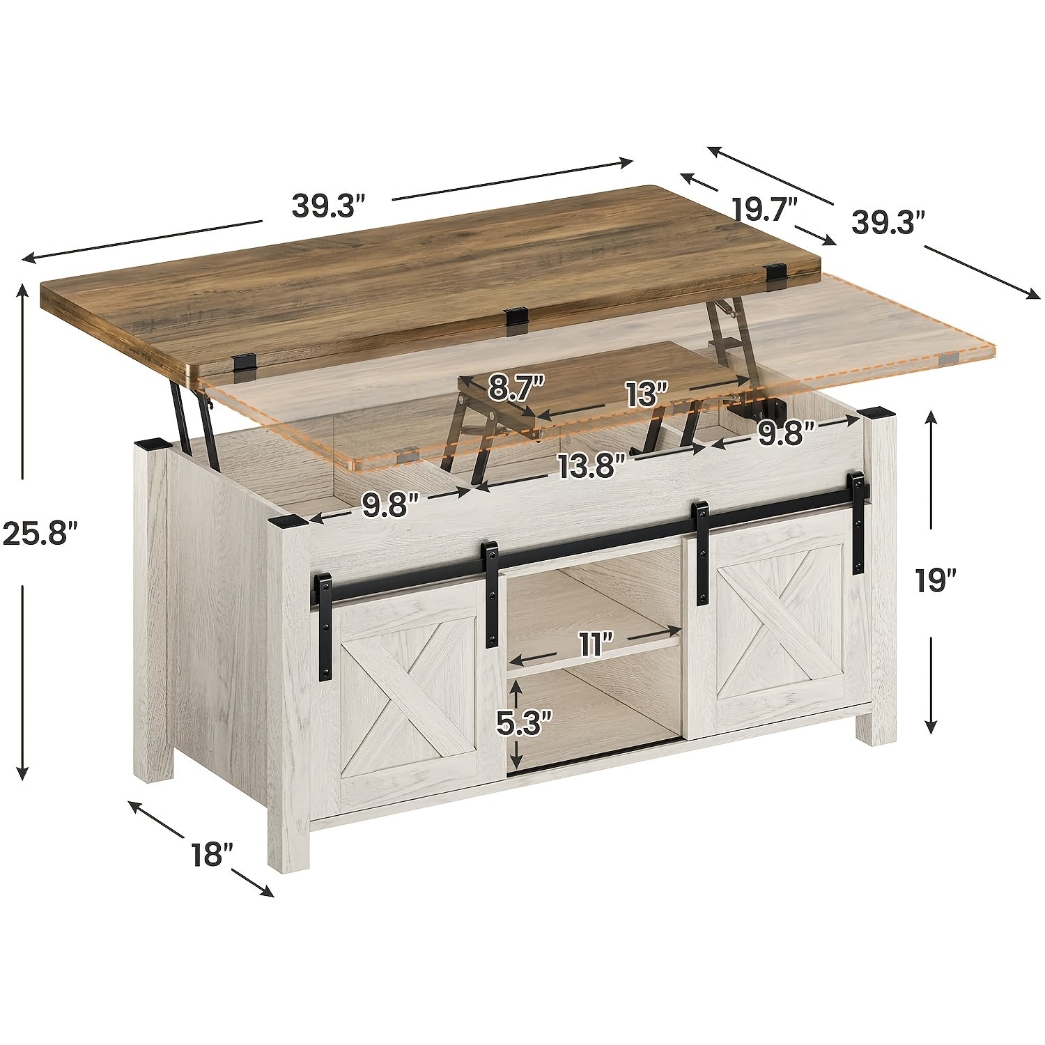 Versatile Farmhouse Coffee Table with Adjustable Height, Convertible Design for Dining & Gaming, 3 Storage Compartments, and Sliding Barn Doors - Metal Construction