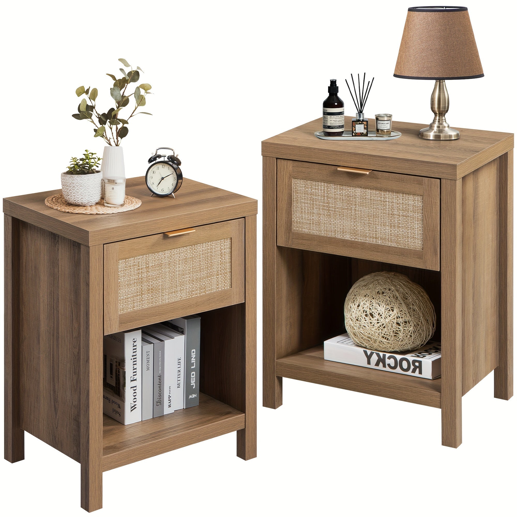 Nightstand, Bedside Table With Rattan Decor Drawer, Open Shelf Side Table, Night Stand For Bedroom, Living Room, Natural