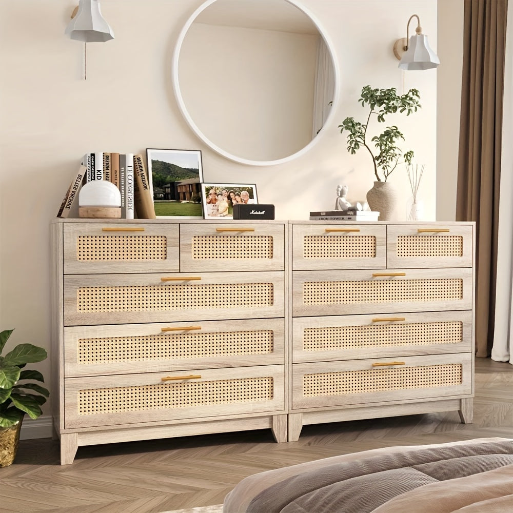 5 Drawer Chest Dresser, Rattan 5 Chest Of Drawers For Bedroom, Wood Storage Cabinet With Metal Handles, For Living Room, Nursery, Natural