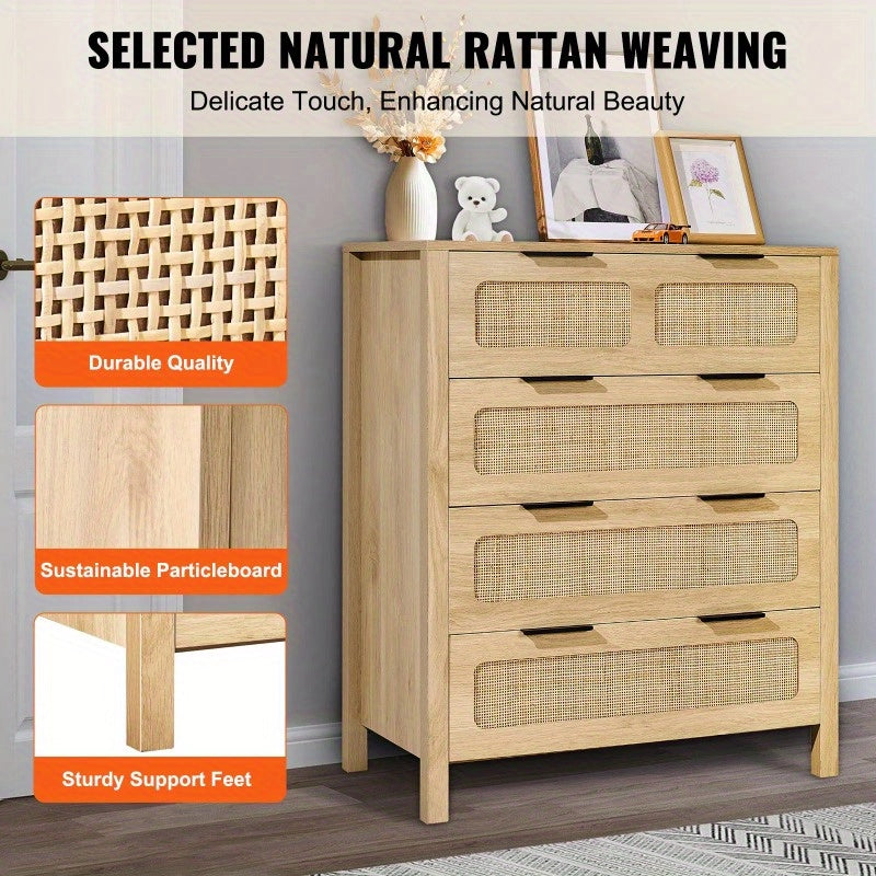 7 Drawer Rattan Dresser Boho Dresser Natural Rattan Chest of Drawers with Spacious for Bedroom Living Room and Hallway Rattan Nightstand with Sturdy HandlesandLegs Natural Wood