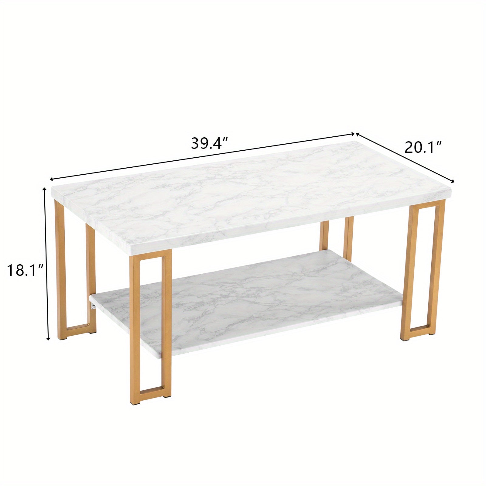 Rectangular Coffee Table, Modern Golden Frame with Faux Marble Top, Classic Style Storage Table for Living Room Bedroom - White